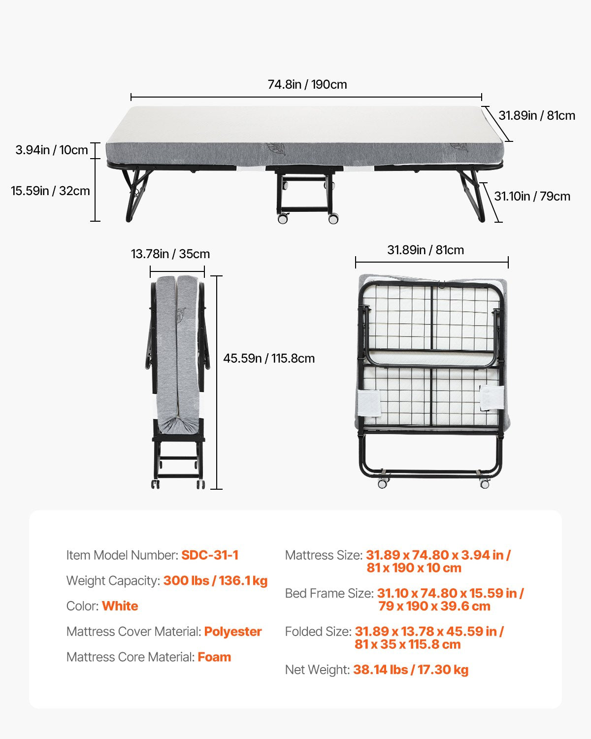 Rollaway Bed, 31 in x 75 in Folding Bed with 4 in Mattress, Twin Size Foldable Bed with Sturdy Metal Frame & Memory Foam Mattress, Portable Twin Roll Away Bed with Mattress, for Adults, Guest