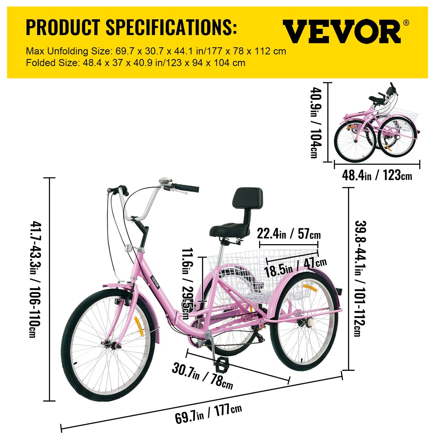 Tricycle Adult 24’’ Wheels Adult Tricycle 7-Speed 3 Wheel Bikes For Adults Three Wheel Bike For Adults Adult Trike Adult Folding Tricycle Foldable Adult Tricycle 3 Wheel Bike Trike Foldable Pink