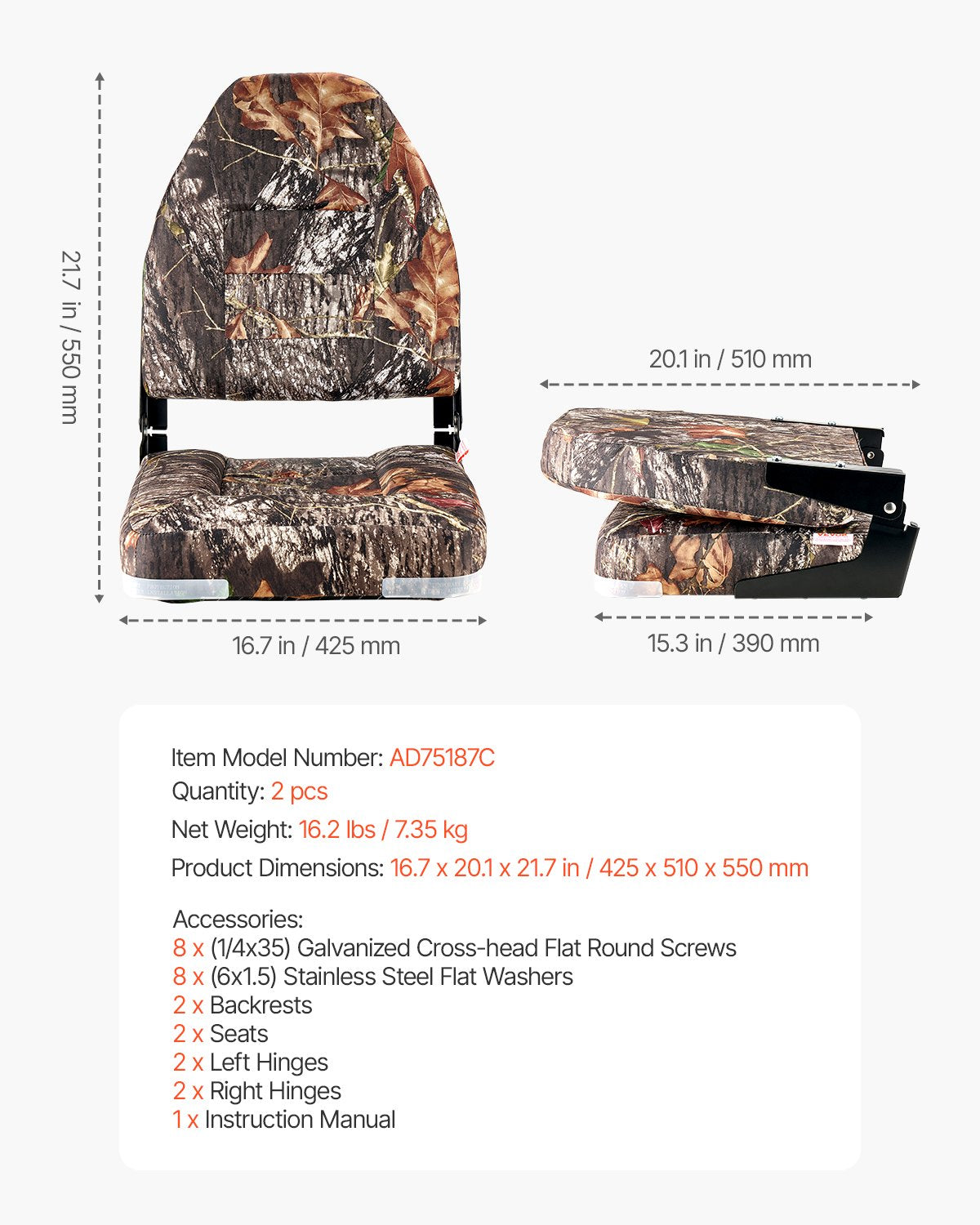 Boat Seat, High Backrest, Folding Fishing Boat Seat with Thickened Sponge Cushion & PU Polyester Fabric, Aluminum Alloy Hinges, Flip Up Boat Seat for Boats, Yachts, Ships, Camouflage (2 Seats)