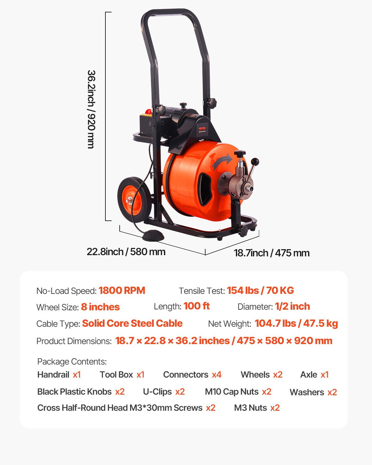 Drain Cleaner Machine 100 FT x 1/2 Inch, Sewer Auger Auto Feed with 4 Cutter & Air-activated Foot Switch for 1" to 4" Pipes, Orange, Black
