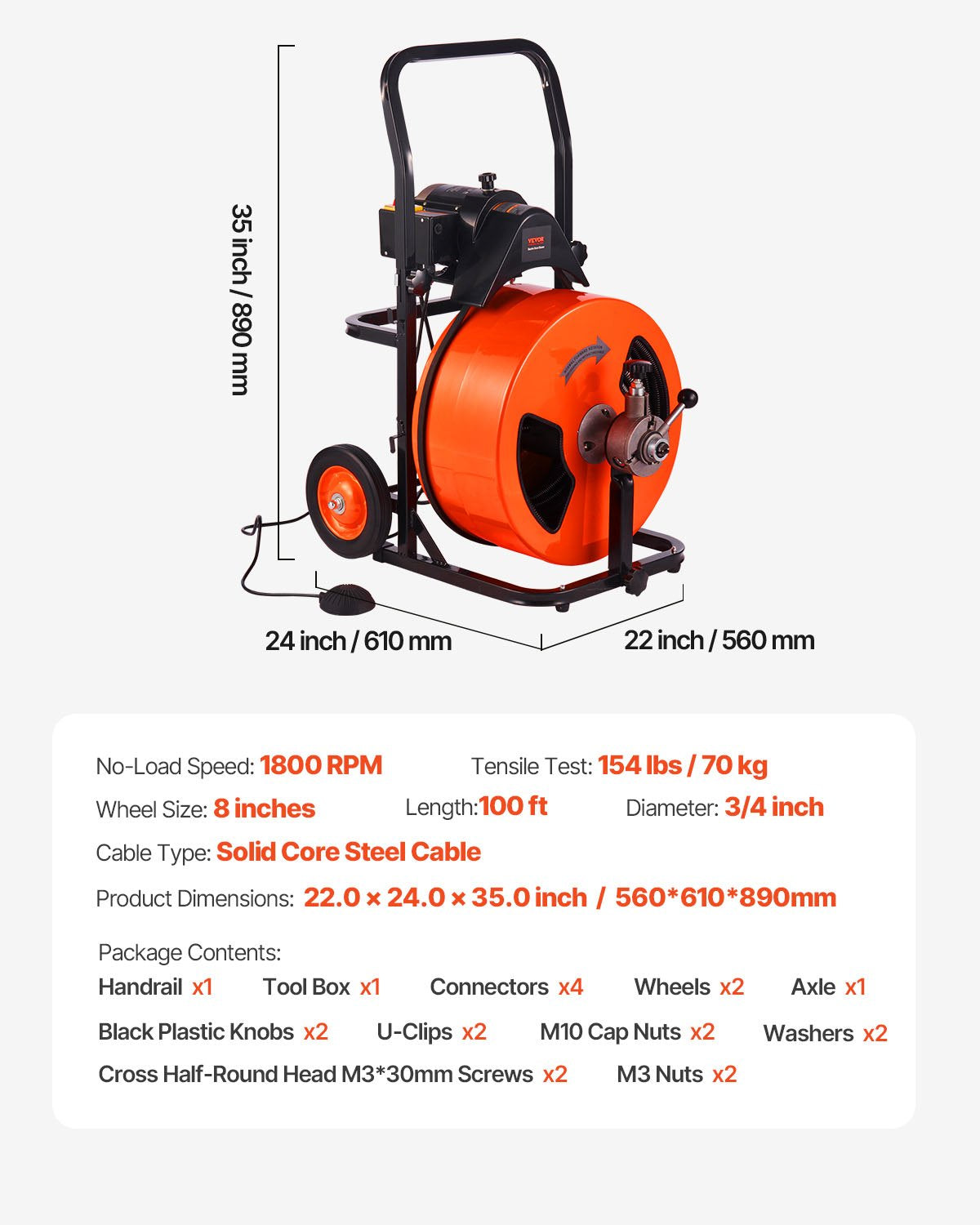 Drain Cleaning Machine 100FT x 3/4 Inch, Sewer Snake Machine Auto Feed, Drain Auger Cleaner with 4 Cutter & Air-Activated Foot Switch for 1" to 4" Pipes