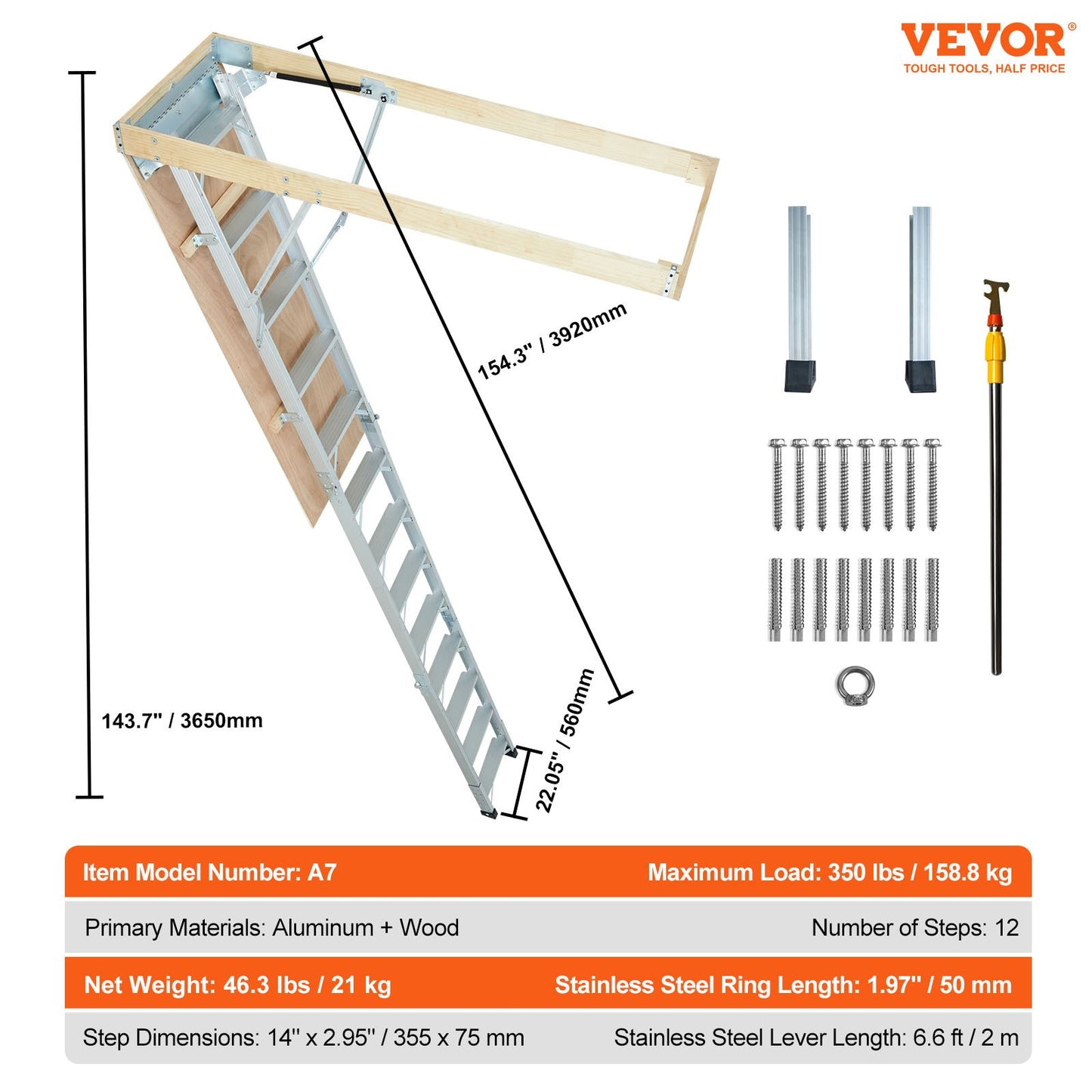 Attic Ladder Foldable, 350-pound Capacity, 22.5" x 63", Multi-Purpose Aluminium Extension, Lightweight and Portable, Fits 9.5'-12' Ceiling Heights, Convenient Access to Your Attic Standard