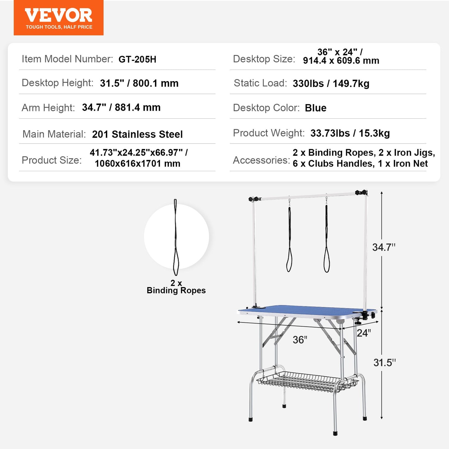 Pet Grooming Table Two Arms with Clamp, 36''x24'' Dog Grooming Station, Foldable Pets Grooming Stand for Medium and Small Dogs, Free No Sit Haunch Holder with Grooming Loop, Bearing 330lbs
