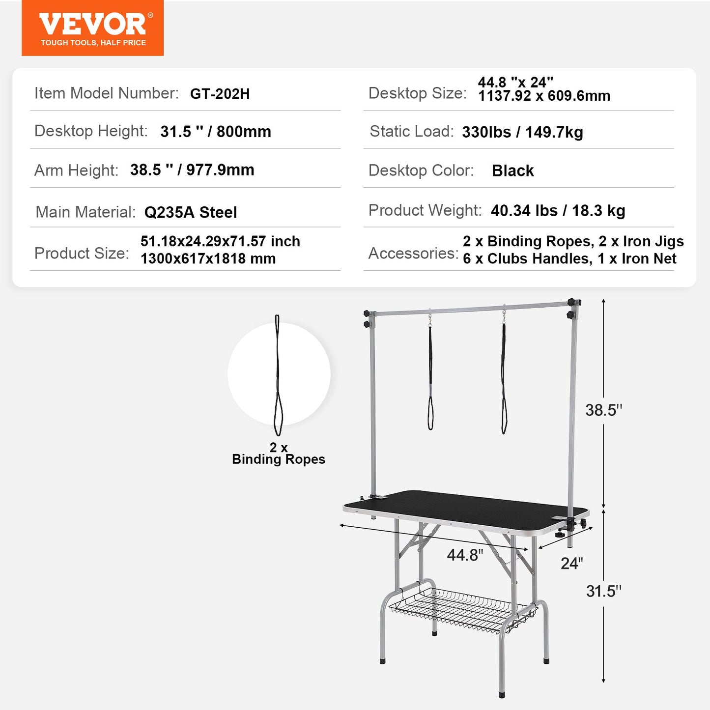 Pet Grooming Table Two Arms with Clamp, 46'' Dog Grooming Station, Foldable Pets Grooming Stand for Medium and Small Dogs, Free No Sit Haunch Holder with Grooming Loop, Bearing 330lbs