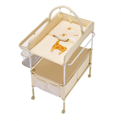 Hopfällbar skötblöjstation med sidokorg och upphängningsstång Beige