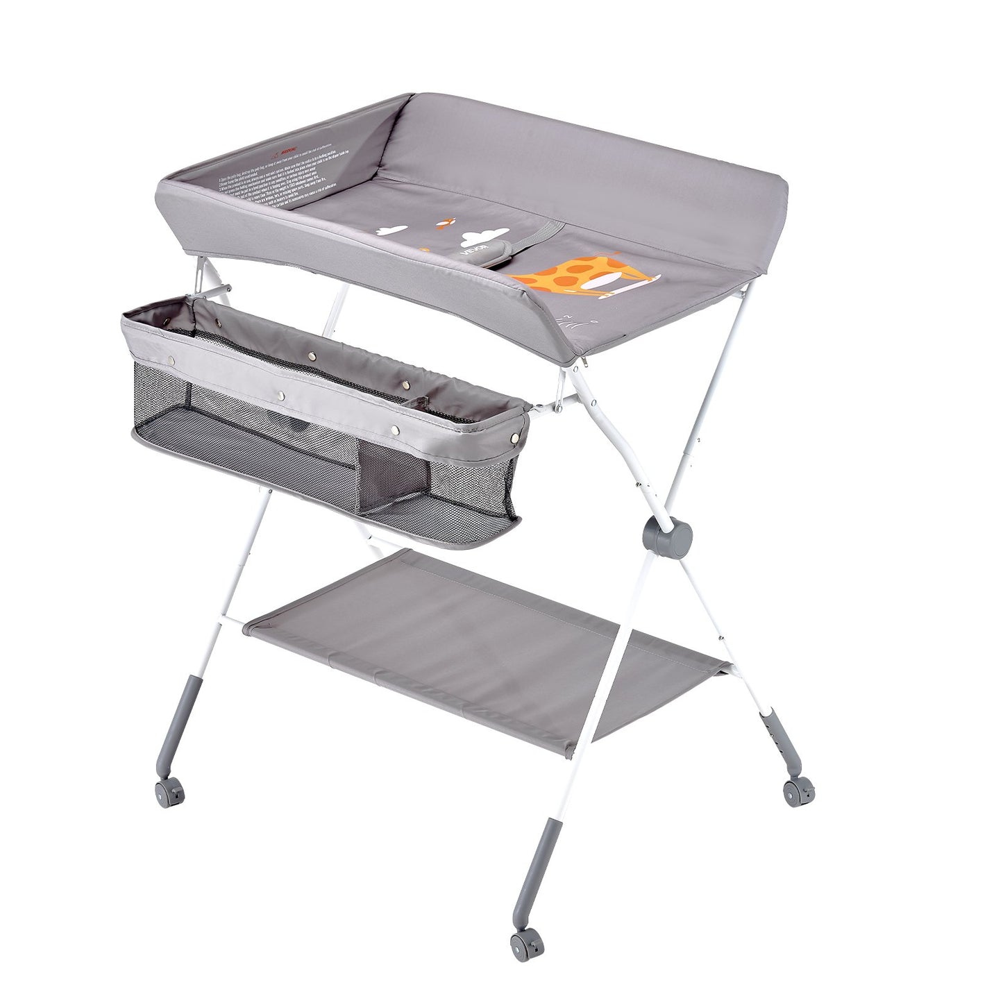 Foldable Baby Changing Diaper Station with Side Basket & Wheels Light Gray
