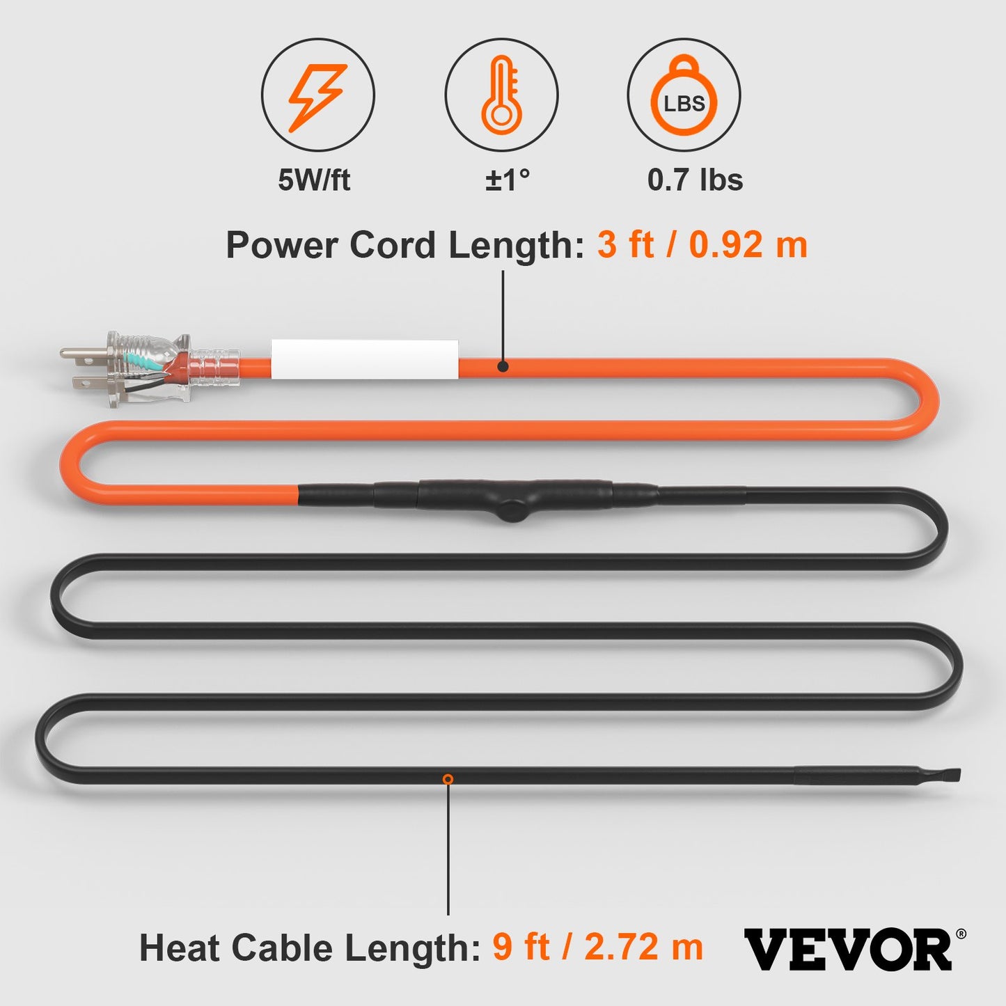 Self-Regulating Pipe Heating Cable, 9FT 5W/FT Heat Tape for Pipes Freeze Protection, Water Pipe Heat Cable with Built-in Thermostat Protects PVC Hose, Metal and Plastic Pipe from Freezing