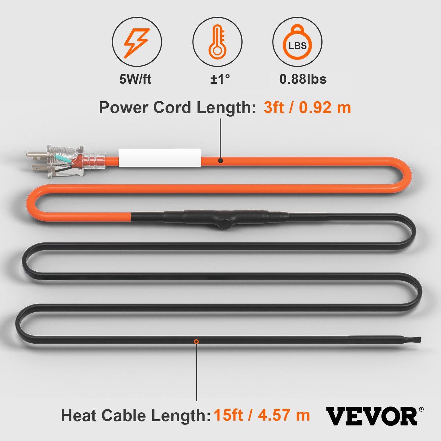 Self-Regulating Pipe Heating Cable, 15FT 5W/FT Heat Tape for Pipes Freeze Protection, Water Pipe Heat Cable with Built-in Thermostat Protects PVC Hose, Metal and Plastic Pipe from Freezing