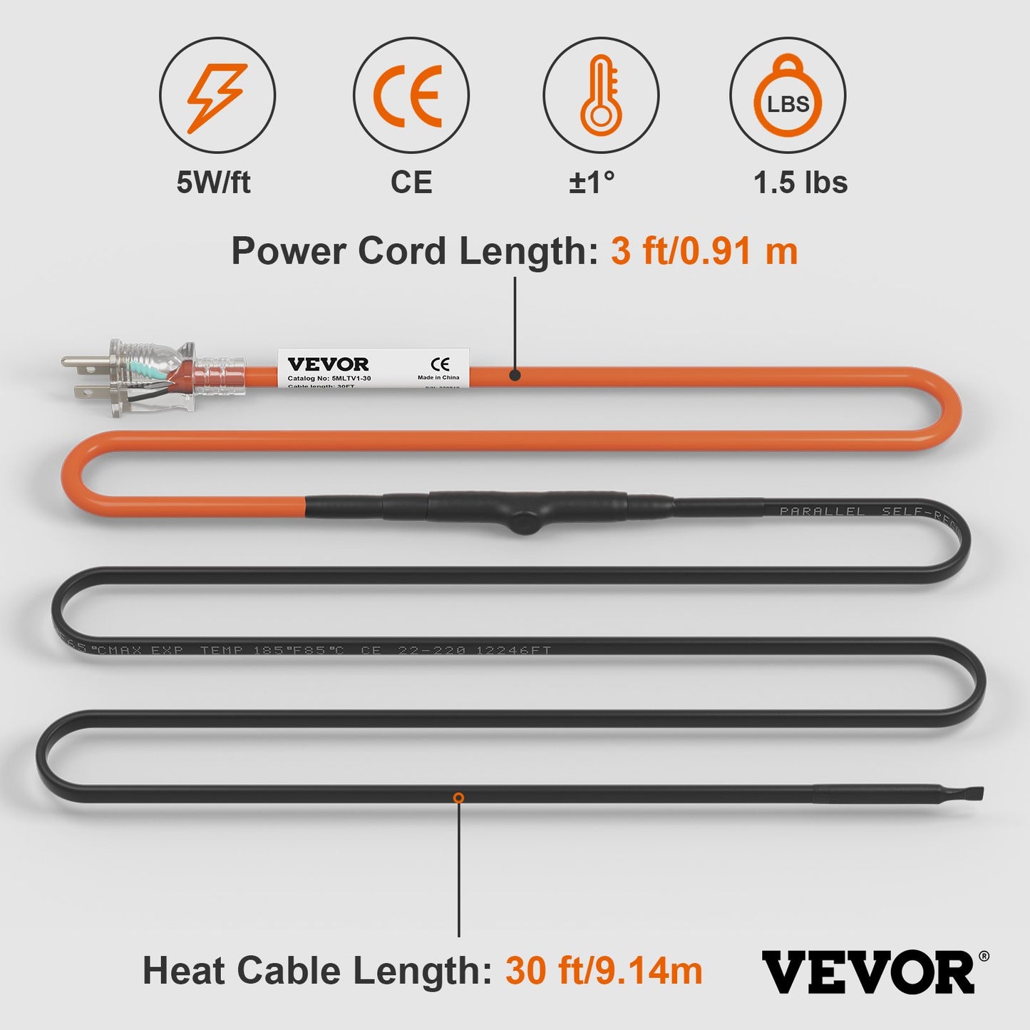 Self-Regulating Pipe Heating Cable, 30-feet 5W/ft Heat Tape for Pipes Freeze Protection, Protects PVC Hose, Metal and Plastic Pipe from Freezing, 120V