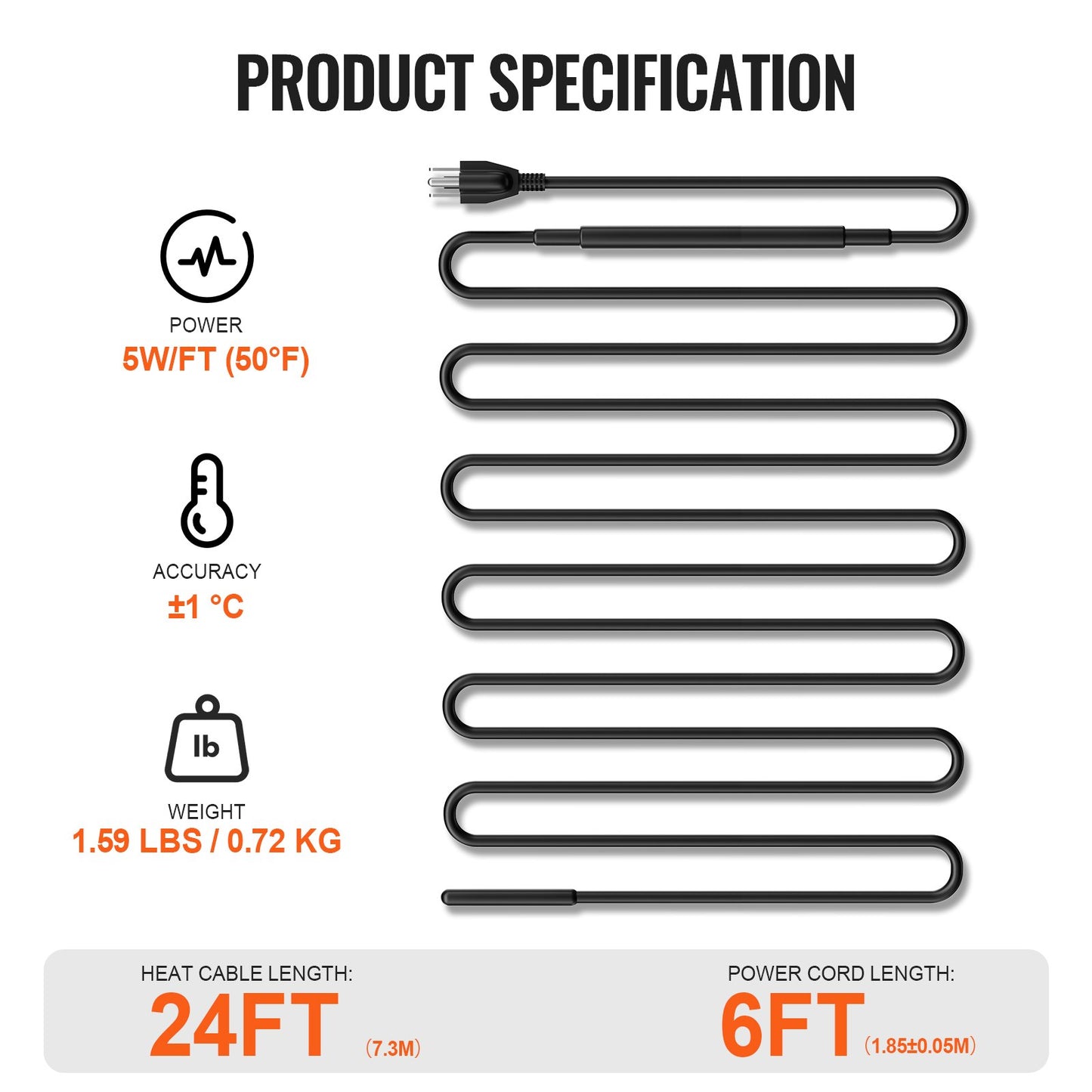 Self-Regulating Pipe Heating Cable, 24FT 5W/FT Heat Tape for Pipes, Roof Snow Melting De-icing, Gutter and Pipe Freeze Protection