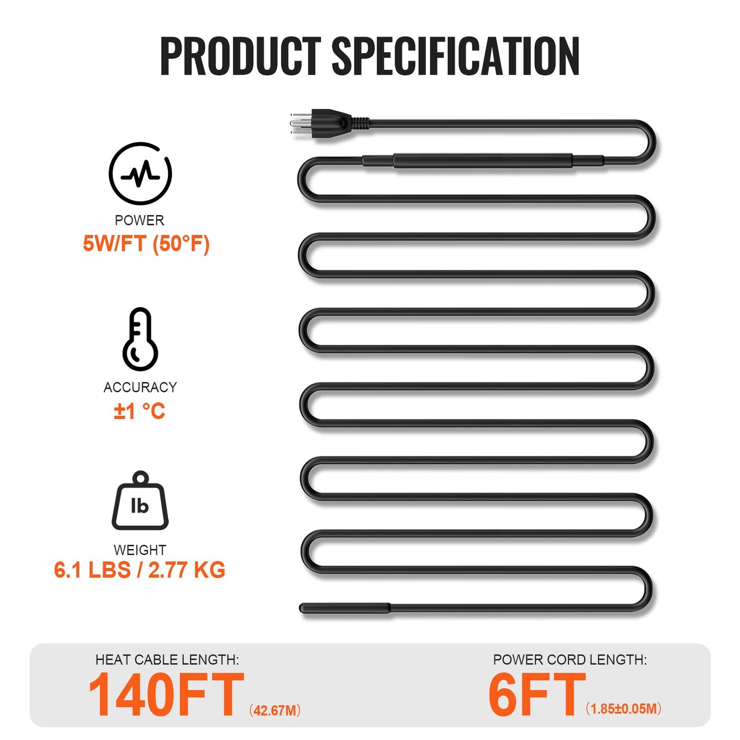 Self-Regulating Pipe Heating Cable, 140FT 5W/FT Heat Tape for Pipes, Roof Snow Melting De-icing, Gutter and Pipe Freeze Protection