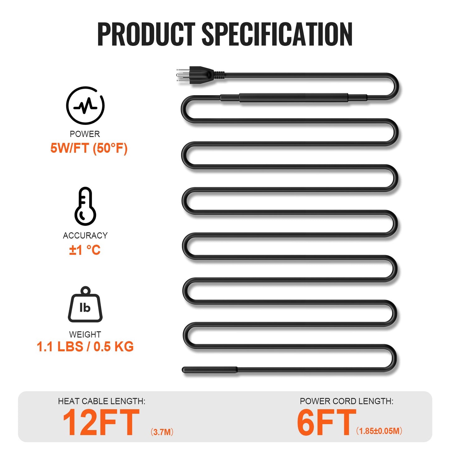 Self-Regulating Pipe Heating Cable, 12FT 5W/FT Heat Tape for Pipes, Roof Snow Melting De-icing, Gutter and Pipe Freeze Protection