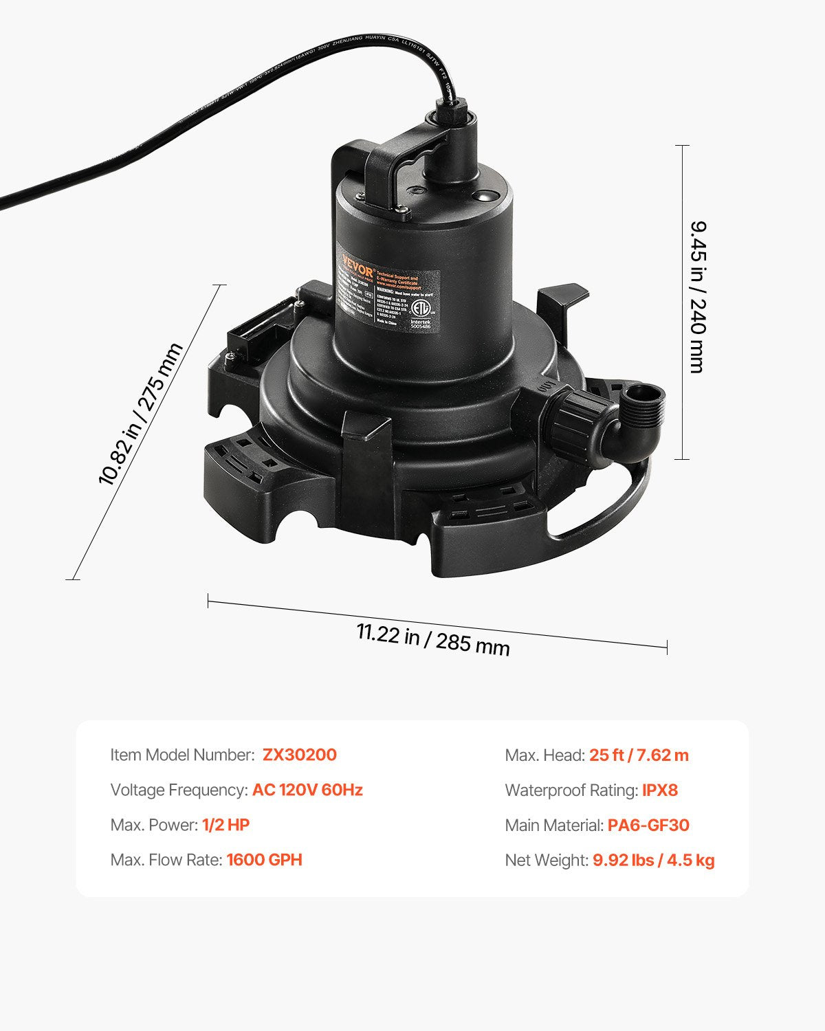 Automatic Pool Cover Pump, 1/2 HP 1600 GPH, 120V Submersible Swimming Pool Cover Pump with 25 ft Power Cord, 25 ft Max Head Lift, Water Removal and Transfer Pump, for Pool Draining Hot Tubs