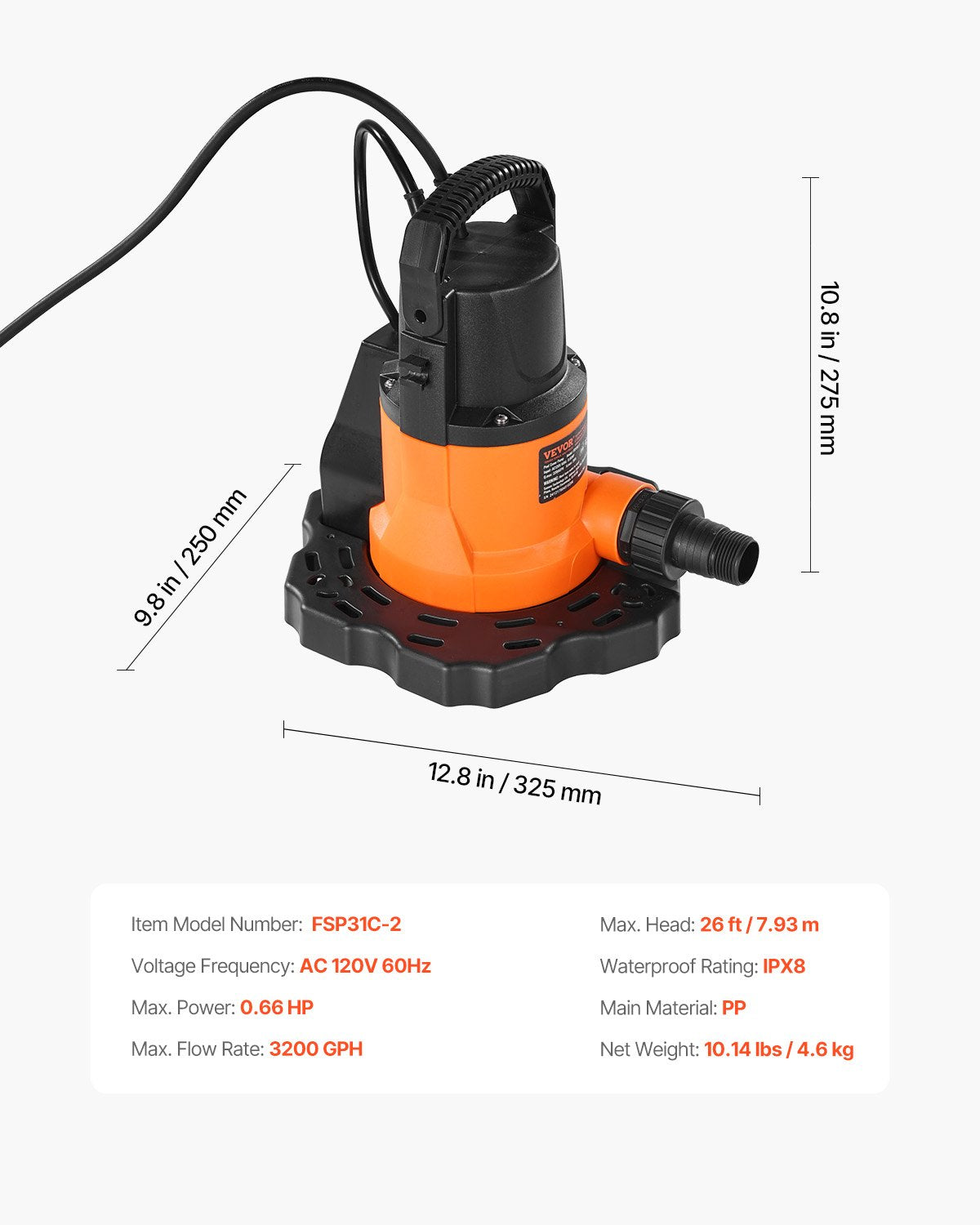 Automatic Pool Cover Pump, 0.66 HP 3200 GPH, 120V Submersible Swimming Pool Cover Pump with 25 ft Power Cord, 26 ft Max Head Lift, Water Removal and Transfer Pump, for Pool Draining Hot Tubs