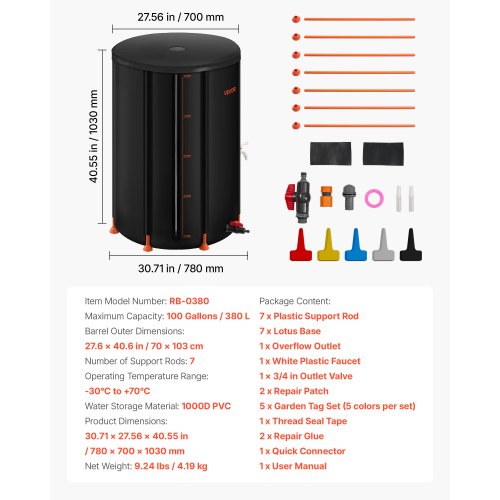 Hopfällbar regntunna, 380 l bärbar regnvattentunna, 1000D PVC regnvattenuppsamlingssystem, trädgårdsvattenbehållare med kran och överfyllningskit, svart | EU