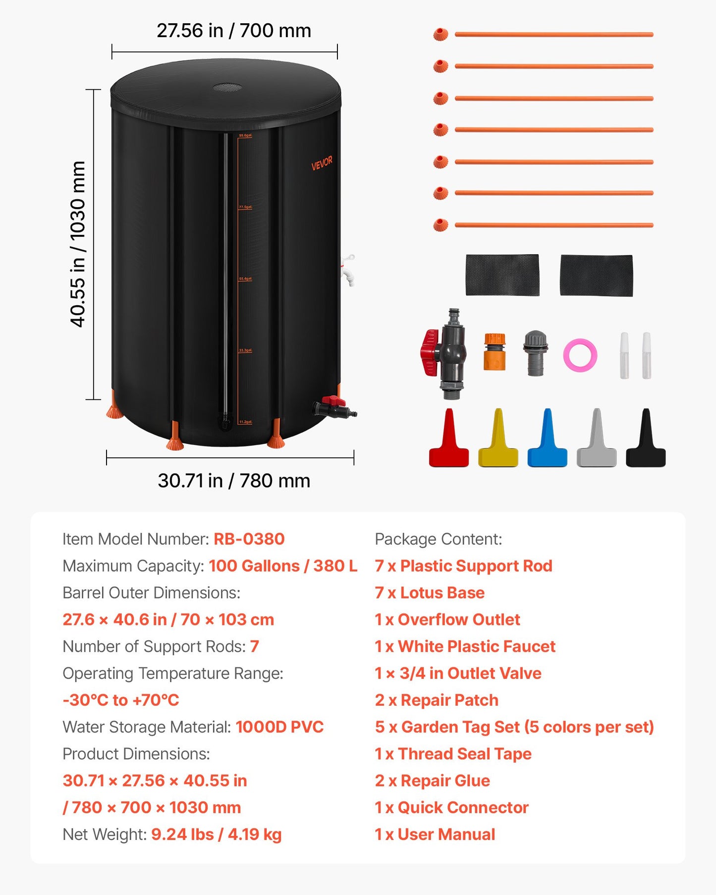 Collapsible Rain Barrel, 100 Gallon Portable Rain Water Collection Barrel, 1000D PVC Rainwater Collection System, Garden Water Catcher Tank Storage Container with Spigot & Overflow Kit, Black