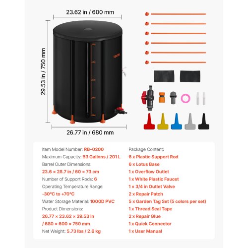 Hopfällbar regntunna, 201 l bärbar regnvattentunna, 1000D PVC regnvattenuppsamlingssystem, trädgårdsvattenbehållare med kran och överfyllningskit, svart | EU