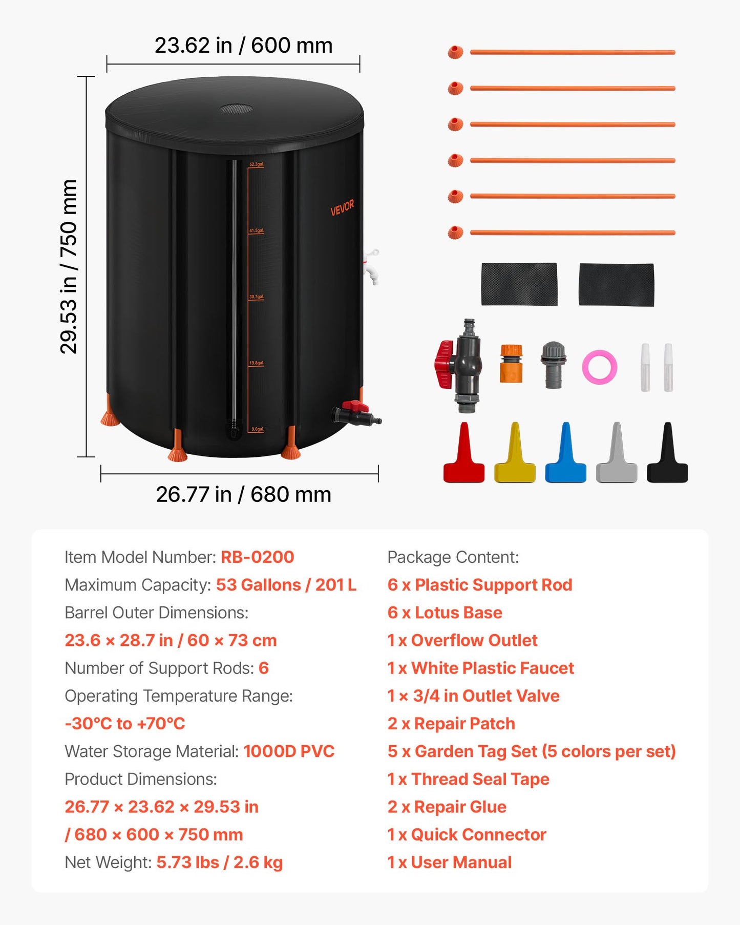 Collapsible Rain Barrel, 53 Gallon Portable Rain Water Collection Barrel, 1000D PVC Rainwater Collection System, Garden Water Catcher Tank Storage Container with Spigot & Overflow Kit, Black