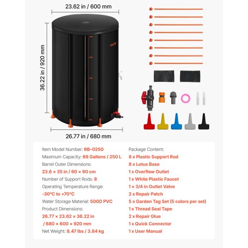 Hopfällbar regntunna, 250 l bärbar regnvattentunna, 500D PVC regnvattenuppsamlingssystem, trädgårdsvattenbehållare med kran och överfyllningskit, svart | EU