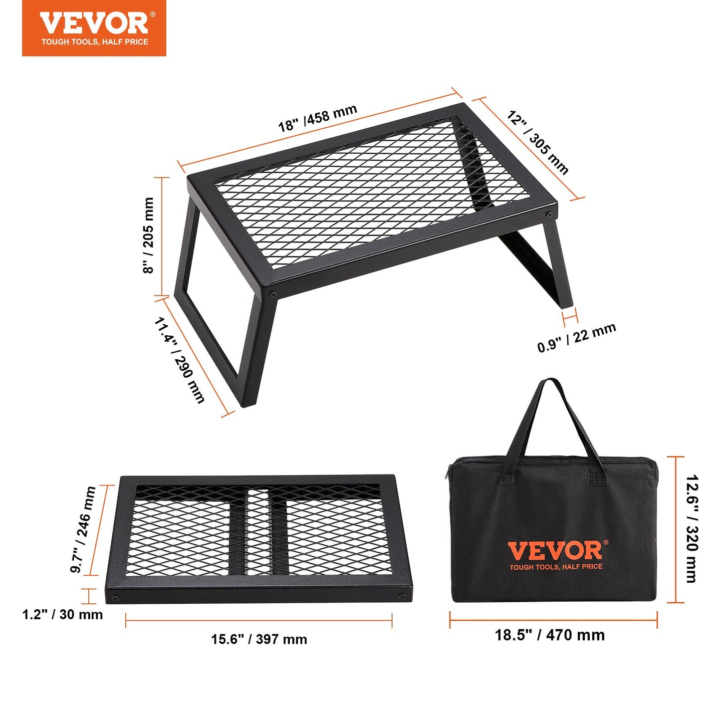 Folding Campfire Grill, Heavy Duty Steel Mesh Grate, 18" Portable Camping Grates Over Fire Pit, Camp Fire Cooking Equipment with Legs Carrying Bag, Grilling Rack for Outdoor Open Flame Cooking