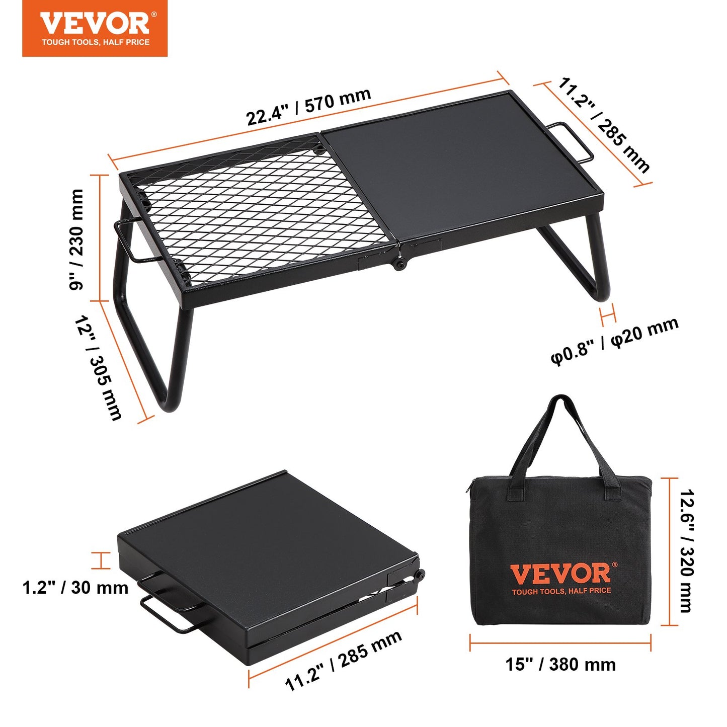 Folding Campfire Grill, Heavy Duty Steel Mesh Grate, 22.4" Portable Camping Grates Over Fire Pit, Camp Fire Cooking Equipment with Legs Carrying Bag, Grilling Rack for Outdoor Open Flame Cooking