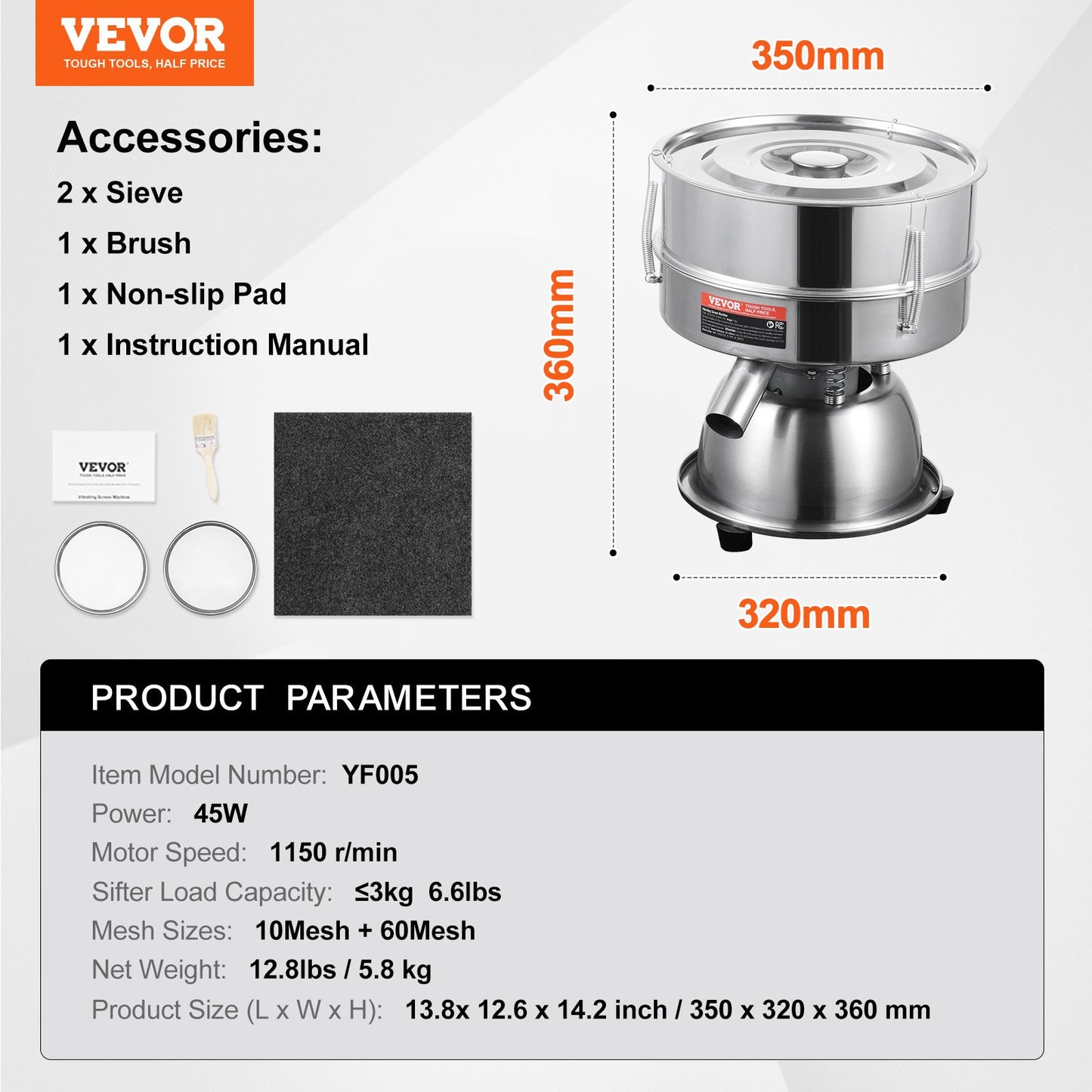 Automatic Electric Vibrating Sieve, Stainless Steel Sifter Shaker Machine with 10+60 Mesh, 45W Automatic Powder Sifter Machine Countertop, Electric Sieve Shaker for Flour Powers, Mungbean, Rice