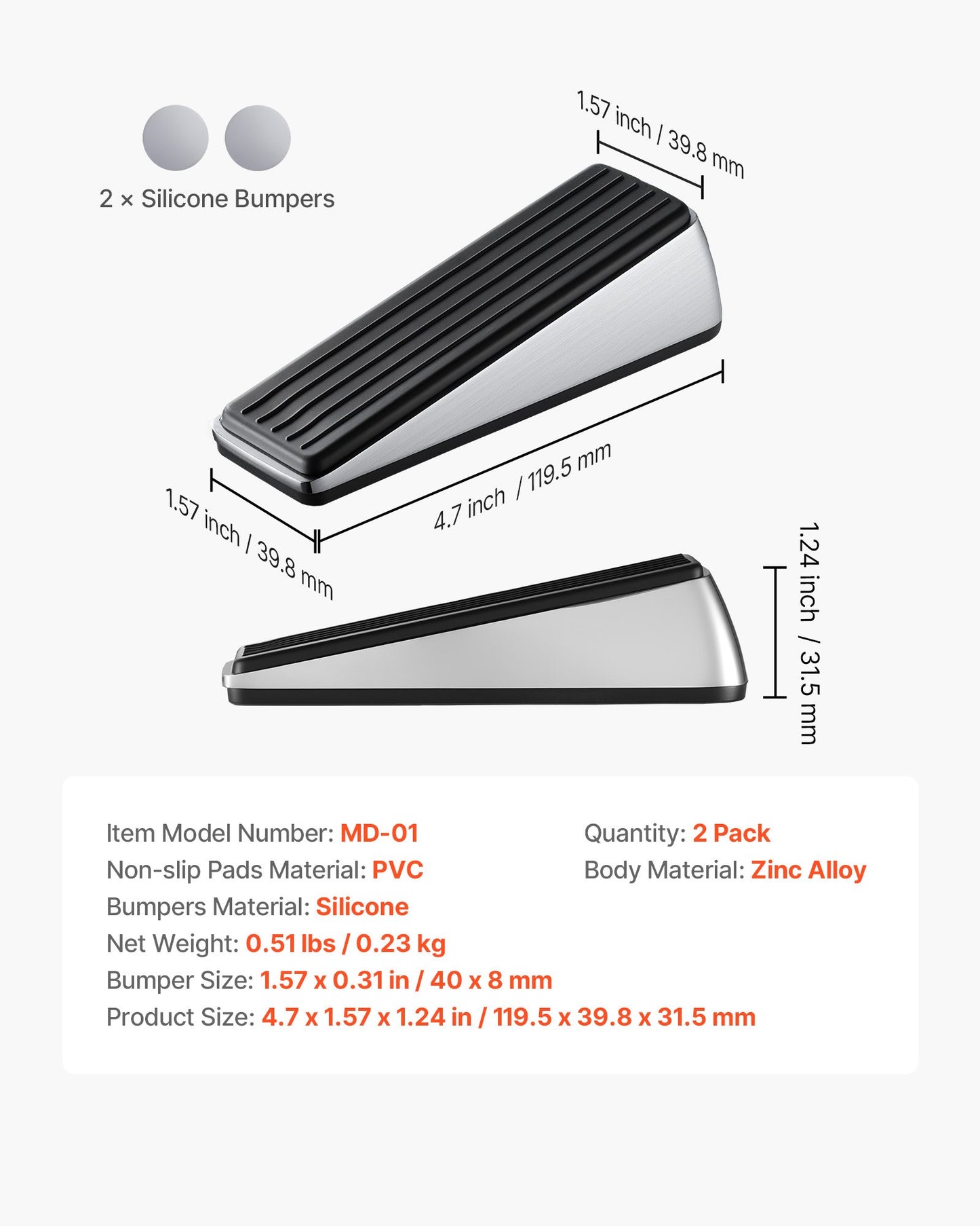 Heavy Duty Door Stopper, 2 Pack, Door Stop Wedge for Bottom, Premium Zinc Alloy and Dual-Sided PVC Non-Slip Pads, with 2 Self-Adhesive Wall Protectors, Suitable for Various Types and Rooms