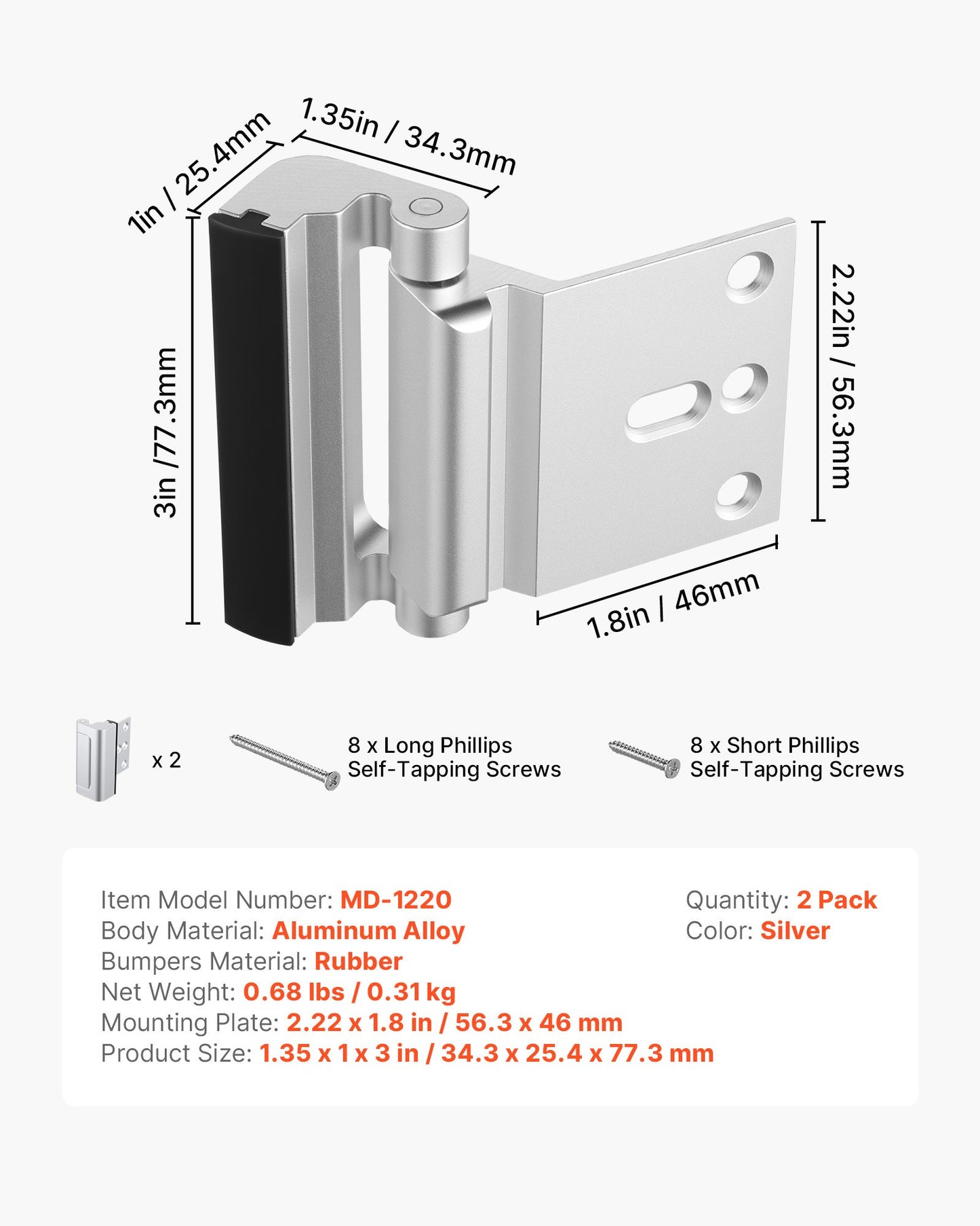 Door Reinforcement Lock, 2 Pack Home Security Door Lock, with 3 Inch Stop Withstand 800 lbs of Force, with 8 Screws, for Inward-Opening, Aluminum Alloy, Add Extra High Security to Your Home