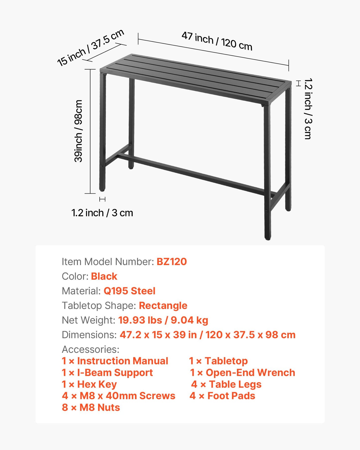 Outdoor Bar Table, 47 x 15 in Patio Bar Table, Waterproof Top & Sturdy Metal Frame, Rectangle Counter Height Dining Tables, Outdoor Furniture for Balcony, Yard, Hot Tub, Poolside, Indoor