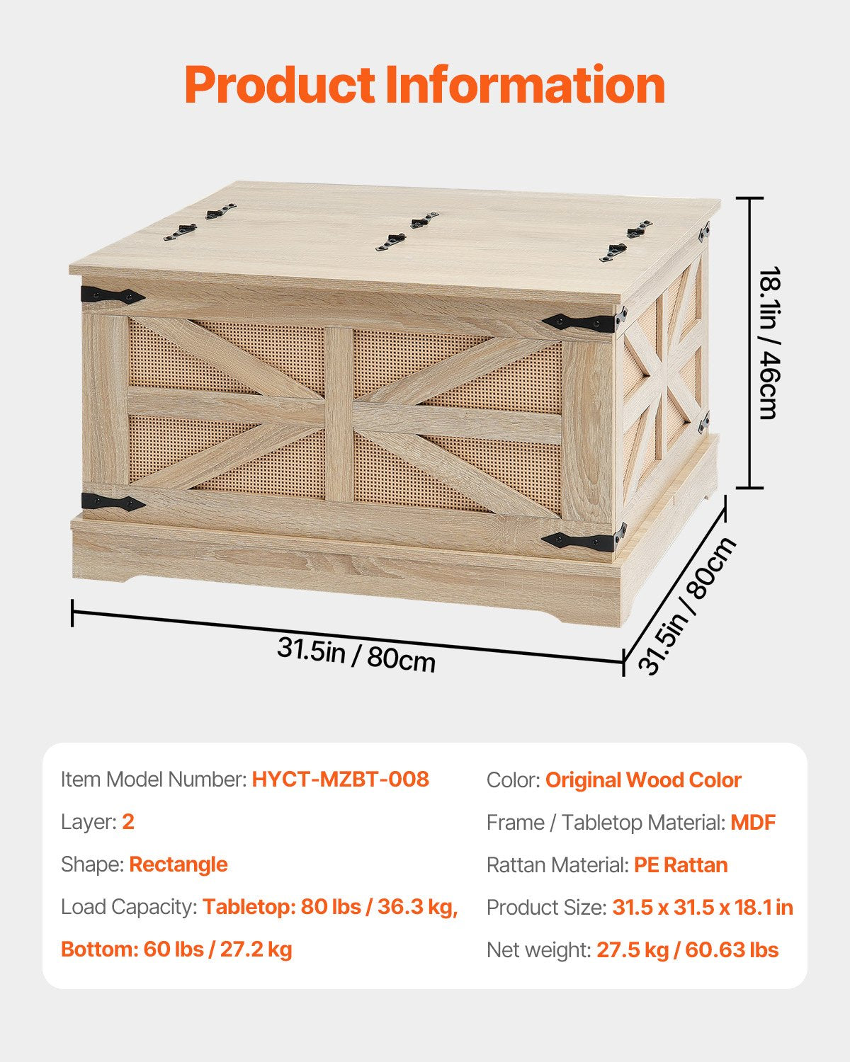 Rattan Coffee Table, Rectangle PE Rattan Woven Wood Coffee Table with MDF Top, 32-Inch Modern Boho Style Storage Coffee Table with Retro Metal Hinges, for Living Room, Bedroom & Small Spaces