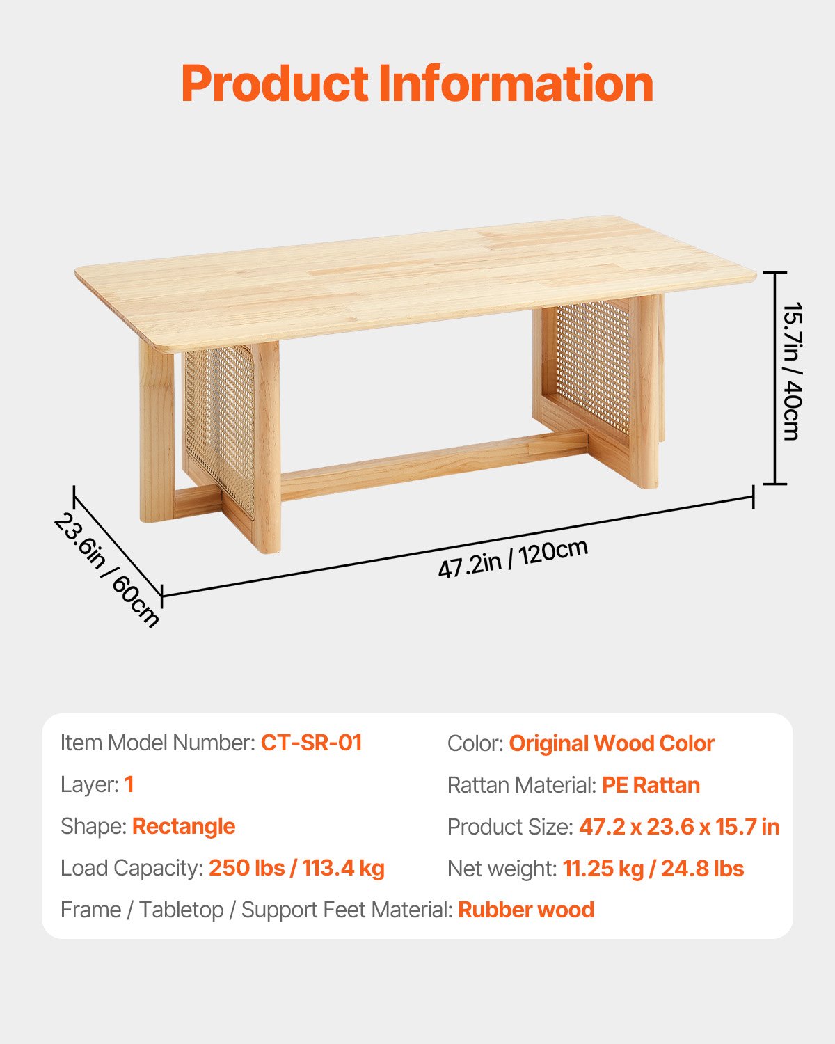 Rattan Coffee Table, Rectangle Rattan Woven Wood Coffee Table with Rubber Wood Top, 47-Inch Modern Boho Storage Coffee Table with Natural Wood Legs, for Living Room, Bedroom & Small Spaces