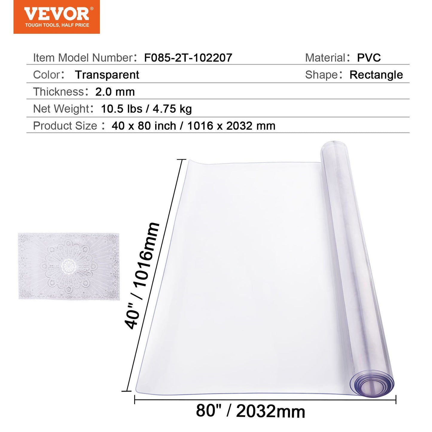 Plastic Table Cover, 40 x 80 Inch 2.0 mm Thick Clear Table Protector, Rectangle PVC Desk Mat, Waterproof & Easy Cleaning Desk Pad Tablecloth, for Office Dresser Dining Room Table Night Stand