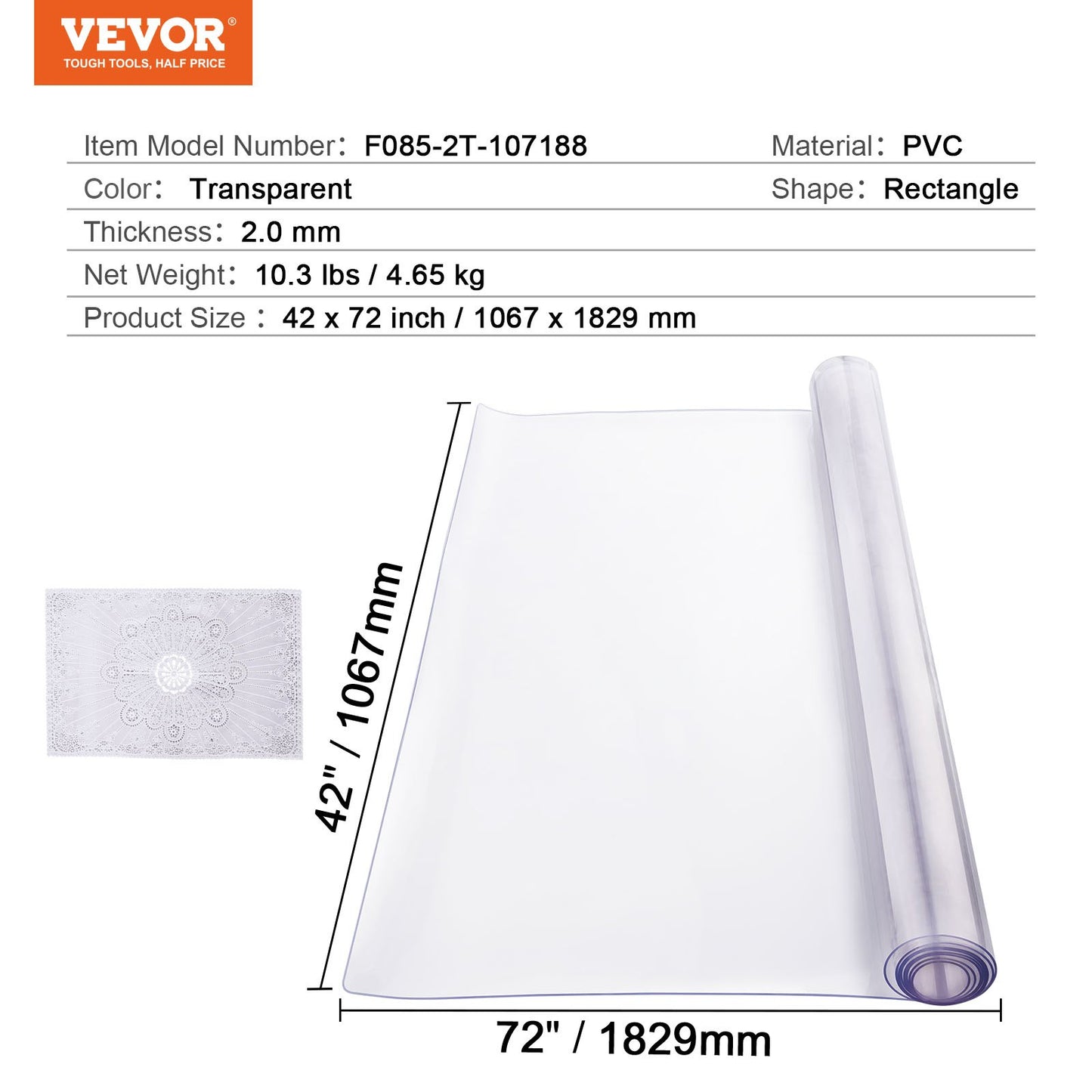 Plastic Table Cover, 42 x 72 Inch 2.0 mm Thick Clear Table Protector, Rectangle PVC Desk Mat, Waterproof & Easy Cleaning Desk Pad Tablecloth, for Office Dresser Dining Room Table Night Stand