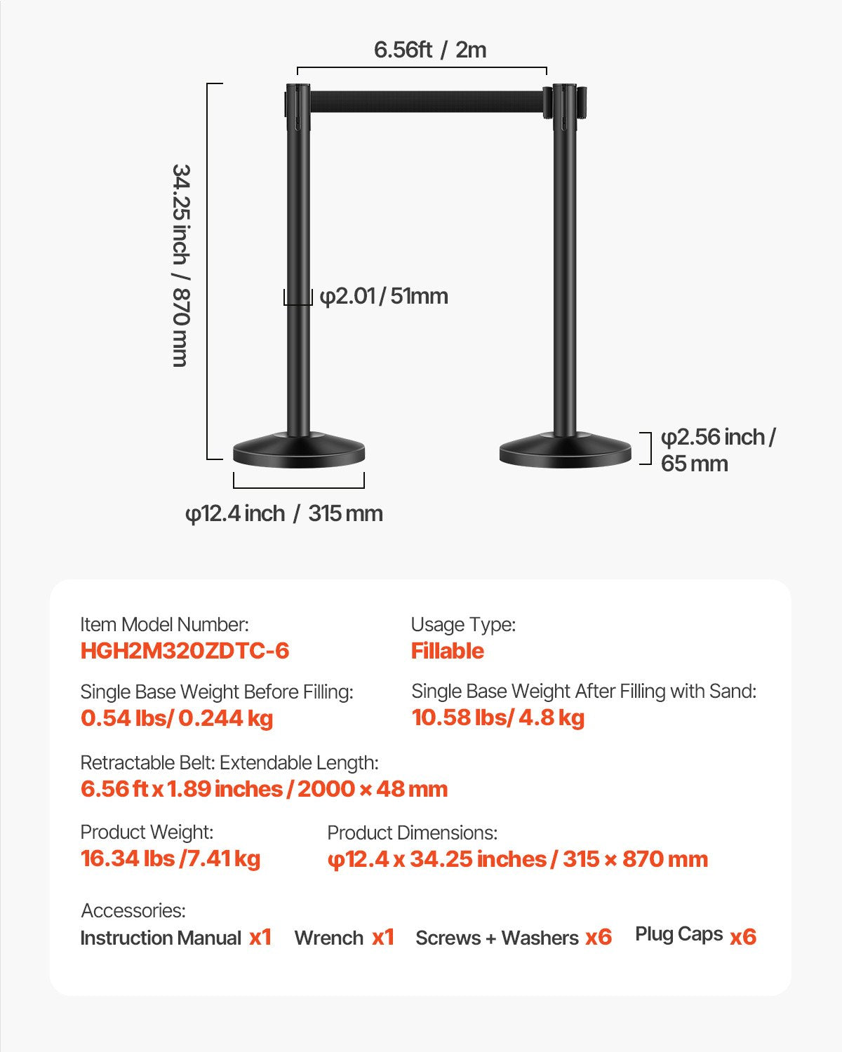 Stanchion Post, 6 Pcs Stanchions with Retractable Belts, Carbon Steel Black Stanchions Queue with Sand Injection Hollow Base, Crowd Control Barriers for Theaters, Parties, Weddings, Exhibitions