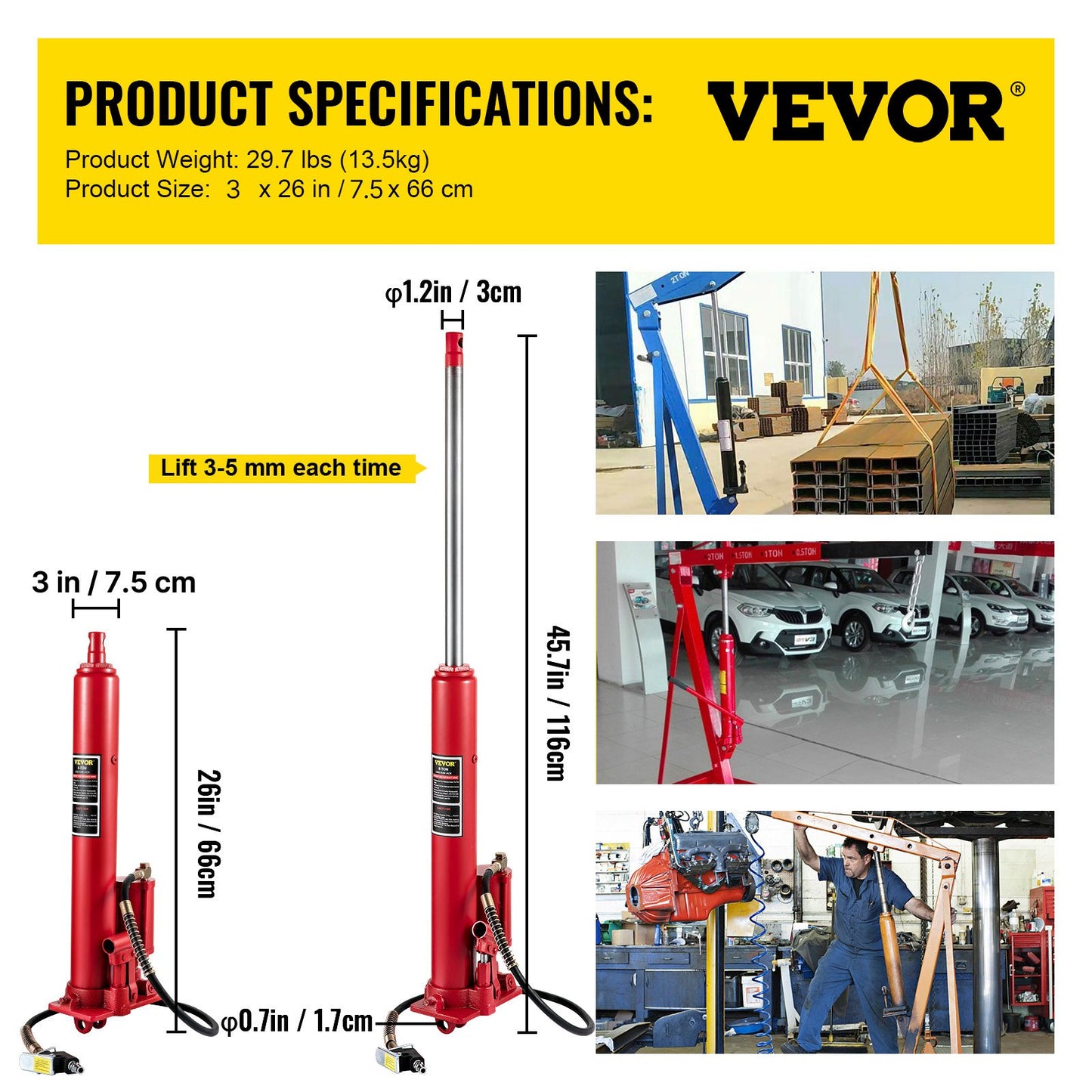 Hydraulic/Pneumatic Long Ram Jack, 8 Tons/17363 lbs Capacity, with Single Piston Pump and Clevis Base, Manual Cherry Picker with Handle, for Garage/Shop Cranes, Engine Lift Hoist, Red