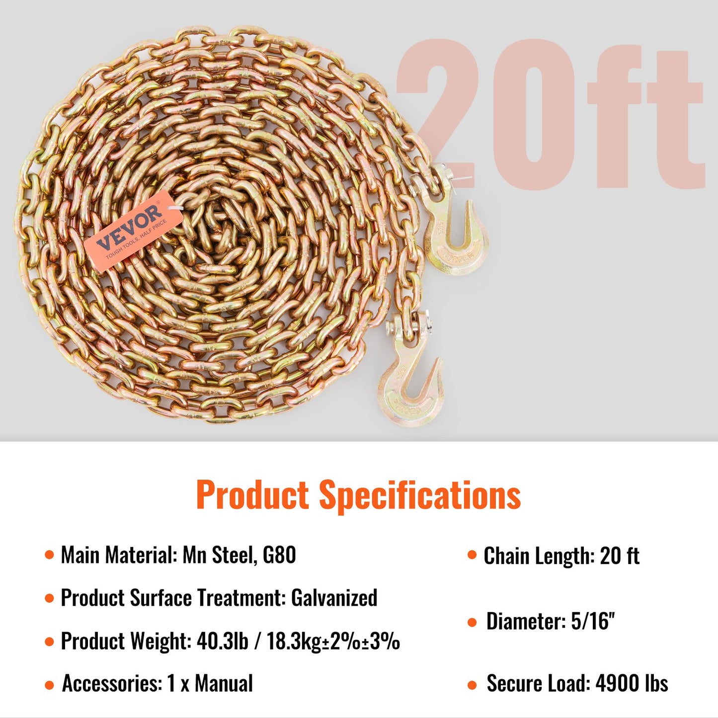 Transport Binder Chain, 4900lbs Working Load Limit, 5/16''x20' G80 Tow Chain Tie Down with Grab Hooks, DOT Certified, Galvanized Coating Manganese Steel for Dock Factory Construction Site, 2Pack