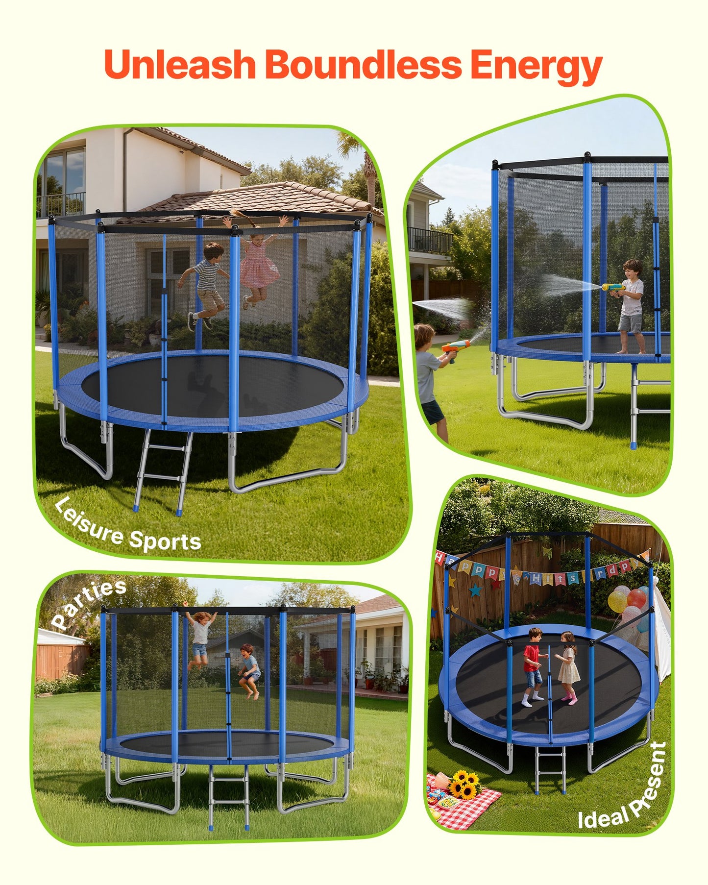 Outdoor Trampoline, 14FT Round Recreational Trampoline with Enclosure Net, ASTM Approved, Heavy Duty Trampolines, Max 450 lbs Weight Capacity, Anti-Rust Backyard Trampolines for Kids & Adults