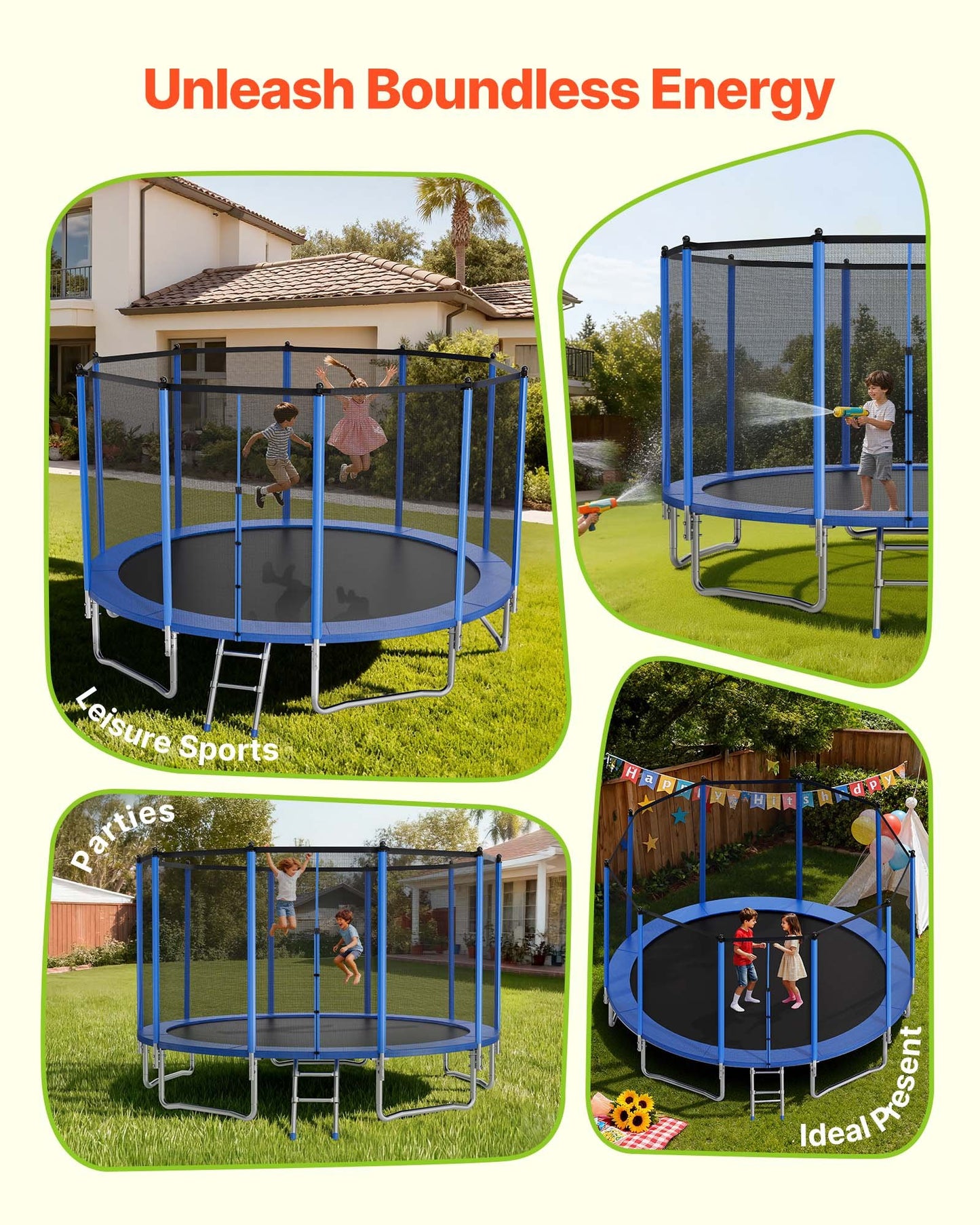 Outdoor Trampoline, 15FT Round Recreational Trampoline with Enclosure Net, ASTM Approved, Heavy Duty Trampolines, Max 470 lbs Weight Capacity, Anti-Rust Backyard Trampolines for Kids & Adults