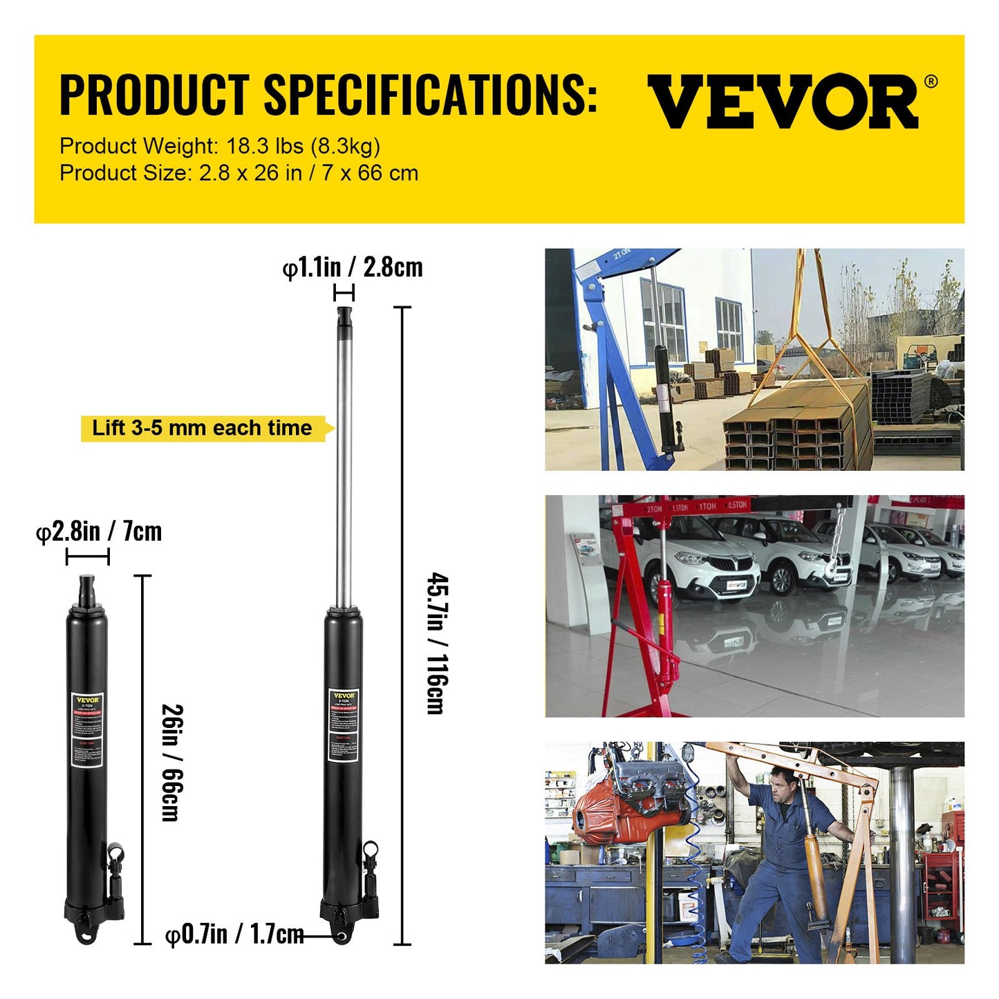 Hydraulic Long Ram Jack, 3 Tons/6600 lbs Capacity, with Single Piston Pump and Clevis Base, Manual Cherry Picker with Handle, for Garage/Shop Cranes, Engine Lift Hoist, Black