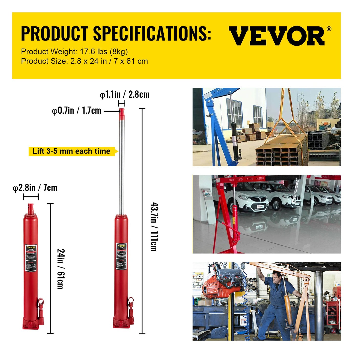 Hydraulic Long Ram Jack, 4 Tons/8818 lbs Capacity, with Single Piston Pump and Flat Base, Manual Cherry Picker with Handle, for Garage/Shop Cranes, Engine Lift Hoist, Red