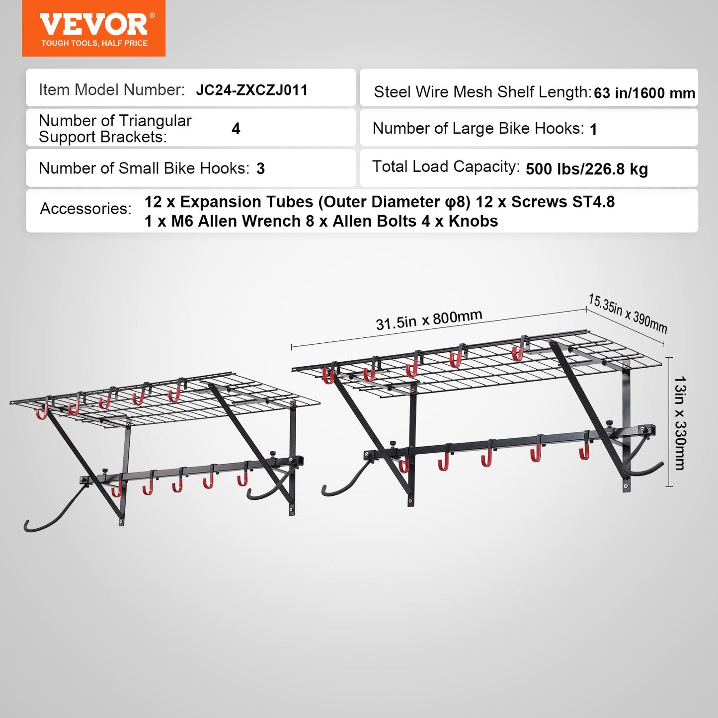 Bike Storage Rack, 4 Bike Racks, Wall Mount Bike Storage Hanger with 2 Shelves, Home and Garage Organizer, Customizable for Various Bike Sizes, Adjustable Holder, Holds Up to 500 lbs, 63-inch