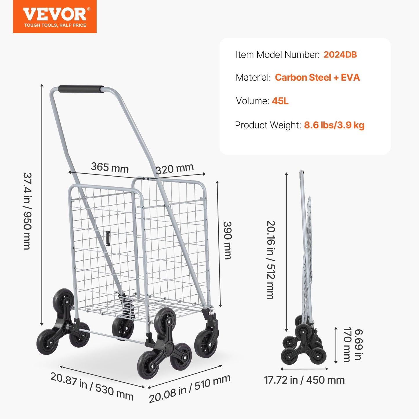 Grocery Shopping Cart, 45L Stair Climbing Shopping Cart with 360° Rolling Swivel Wheels, Stair Climber Utility Cart with Tri-Wheels, Foldable Collapsible & Lightweight for Laundry Travel, Silver