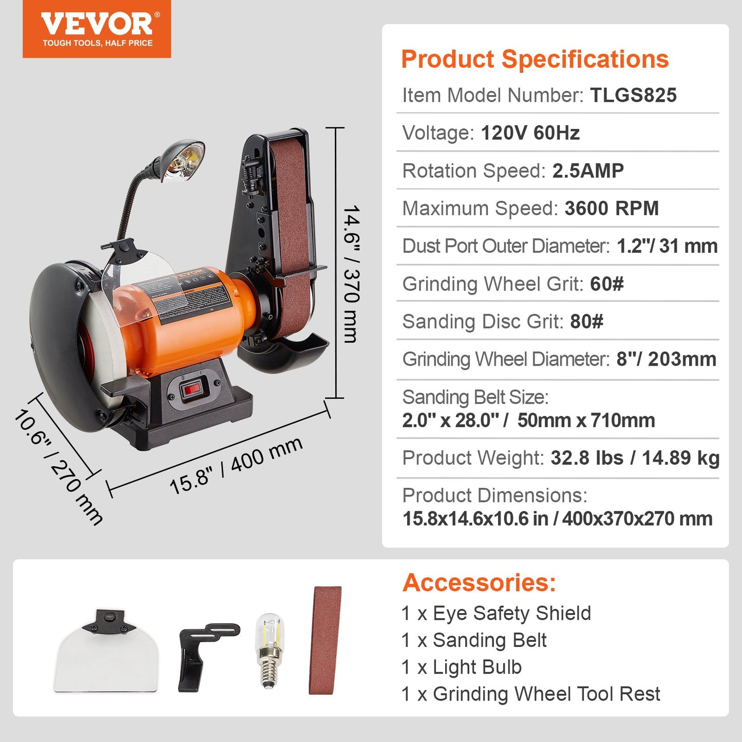 8 Inch Bench Grinder with 2 x28 Inch Belt Sander Combo, Bench Grinder Sander with 2.5A Induction Motor for Metalworking Sharpening Grinding