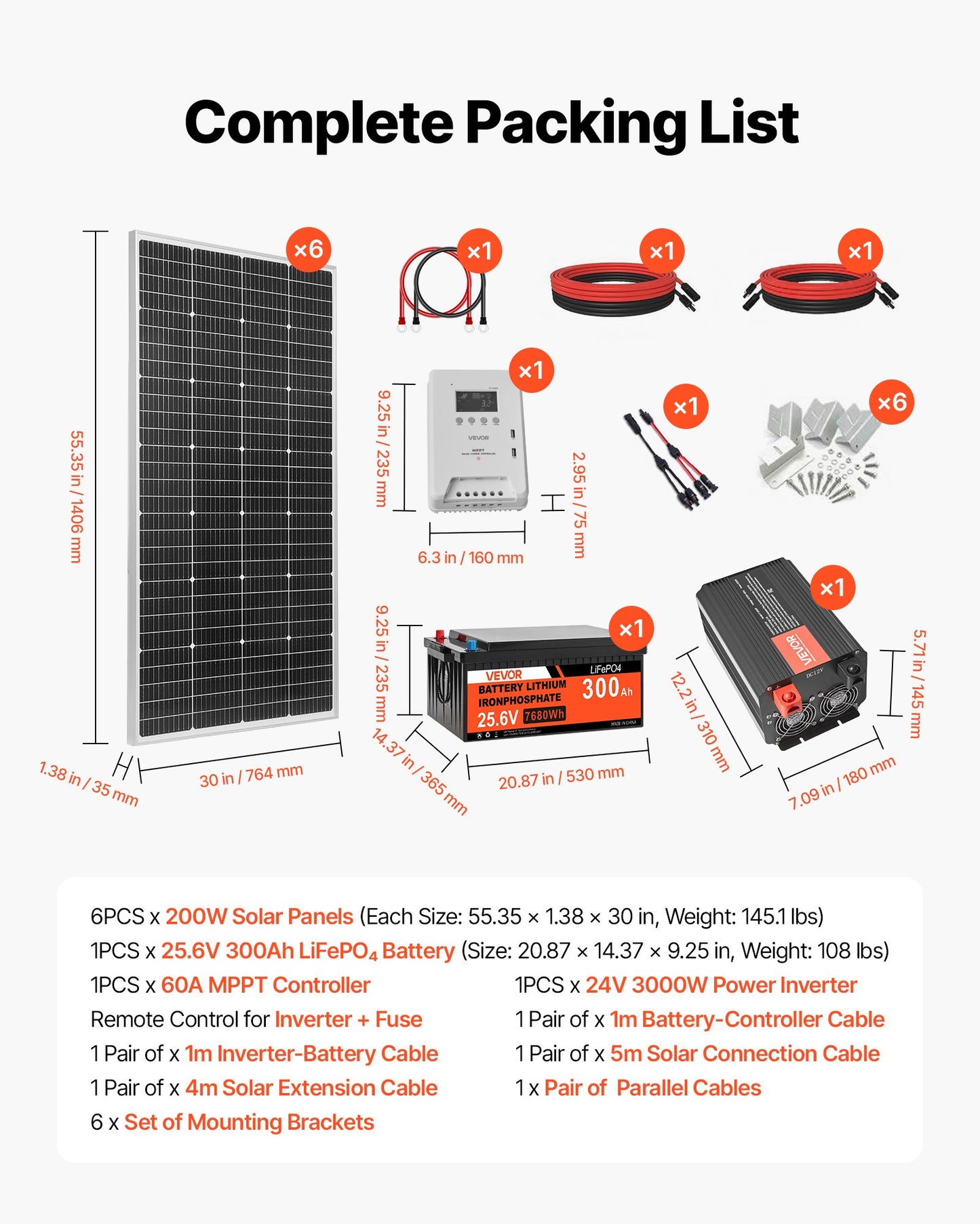1200W 24V Complete Solar Power Kit, 6*200W Monocrystalline Panels + 25.6V 300Ah LiFePO₄ Battery + 60A MPPT Charge Controller + 3KW Power Inverter, High Output Solar Kit for Large House Shed Farm