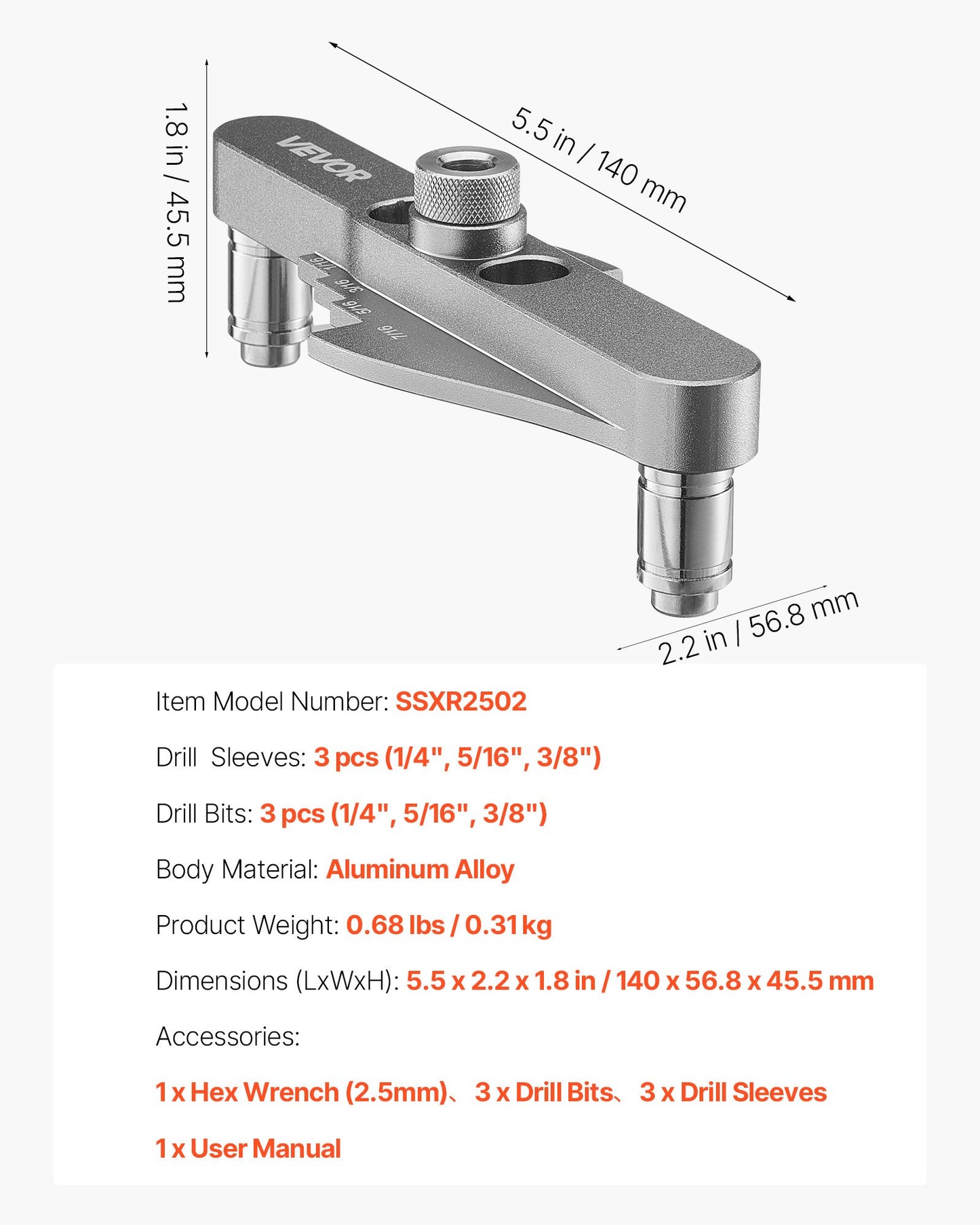 Doweling Jig Kit, Self Centering Dowel Drill Jig for Straight Holes, with Drill Bit Set 1/4", 5/16", 3/8" and Drill Bit Stop Collar Set, Aluminum Alloy Woodworking Tools for Drilling, Marking