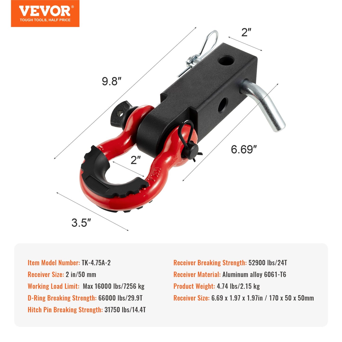 Shackle Hitch Receiver 2", 66000 lbs Breaking Strength, D Ring Shackle with Trailer Hitch Lock Pin, Heavy Duty Towing Accessories for Trucks, Jeeps, Off-Road Vehicle Recovery, Aluminum Alloy