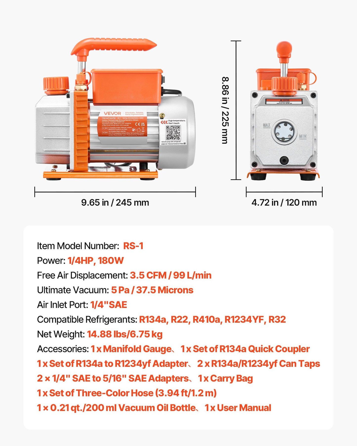 AC Vacuum Pump and Gauge Set, 3.5 CFM 1/4 HP, Single Stage Rotary Vane HVAC Vacuum Pump, A/C Manifold Gauge Kit, for R134a R22 R410a R1234YF R32, with Carry Bag, for Auto HVAC Air Conditioning