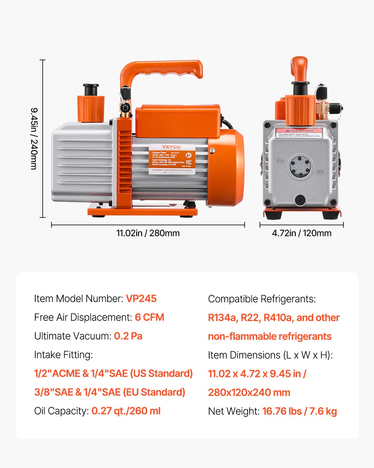Vacuum Pump, 6 CFM, HVAC 2 Stage Rotary Vane Vacuum Pump, for R134a R22 R410a Systems, Auto AC Vacuum Pump Kit with Oil Bottle, for Automotive Air Conditioner Maintenance Resin Degassing
