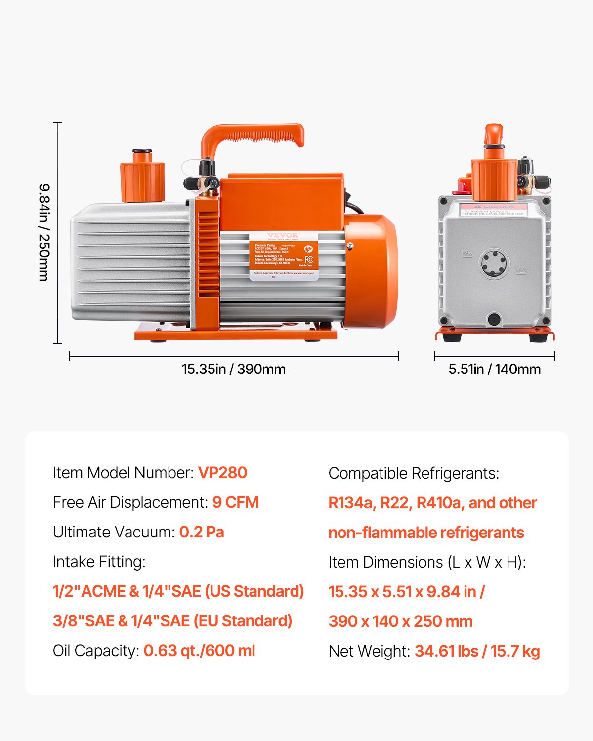 Vacuum Pump, 9 CFM, HVAC 2 Stage Rotary Vane Vacuum Pump, for R134a R22 R410a Systems, Auto AC Vacuum Pump Kit with Oil Bottle, for Automotive Air Conditioner Maintenance Resin Degassing