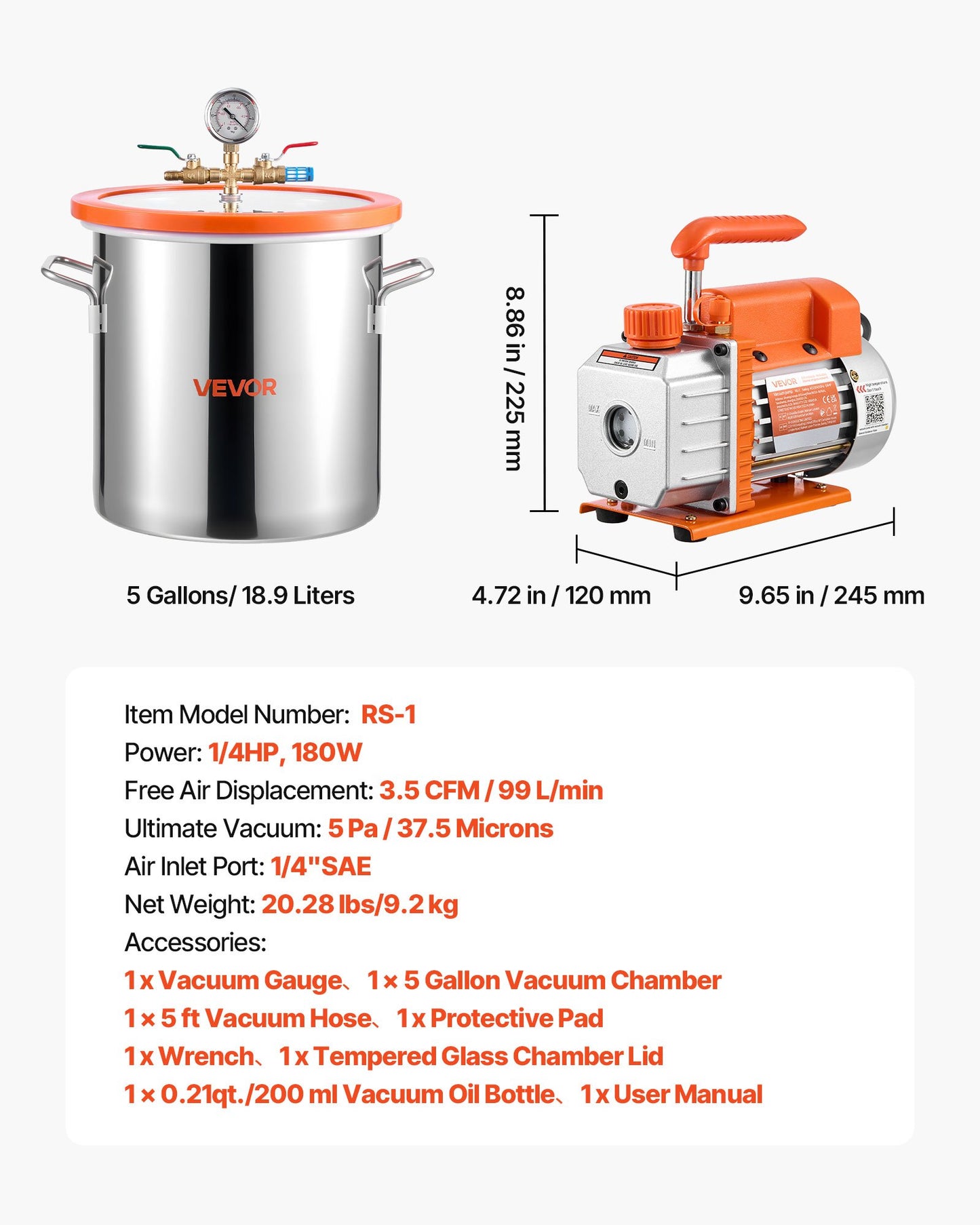 5 Gallon Vacuum Chamber with Pump, 3.5 CFM, Single Stage Vacuum Pump, Stainless Steel Degassing Chamber Kit with Tempered Glass Lid, 5 ft Hose, for Stabilizing Wood Degassing Silicone Resin